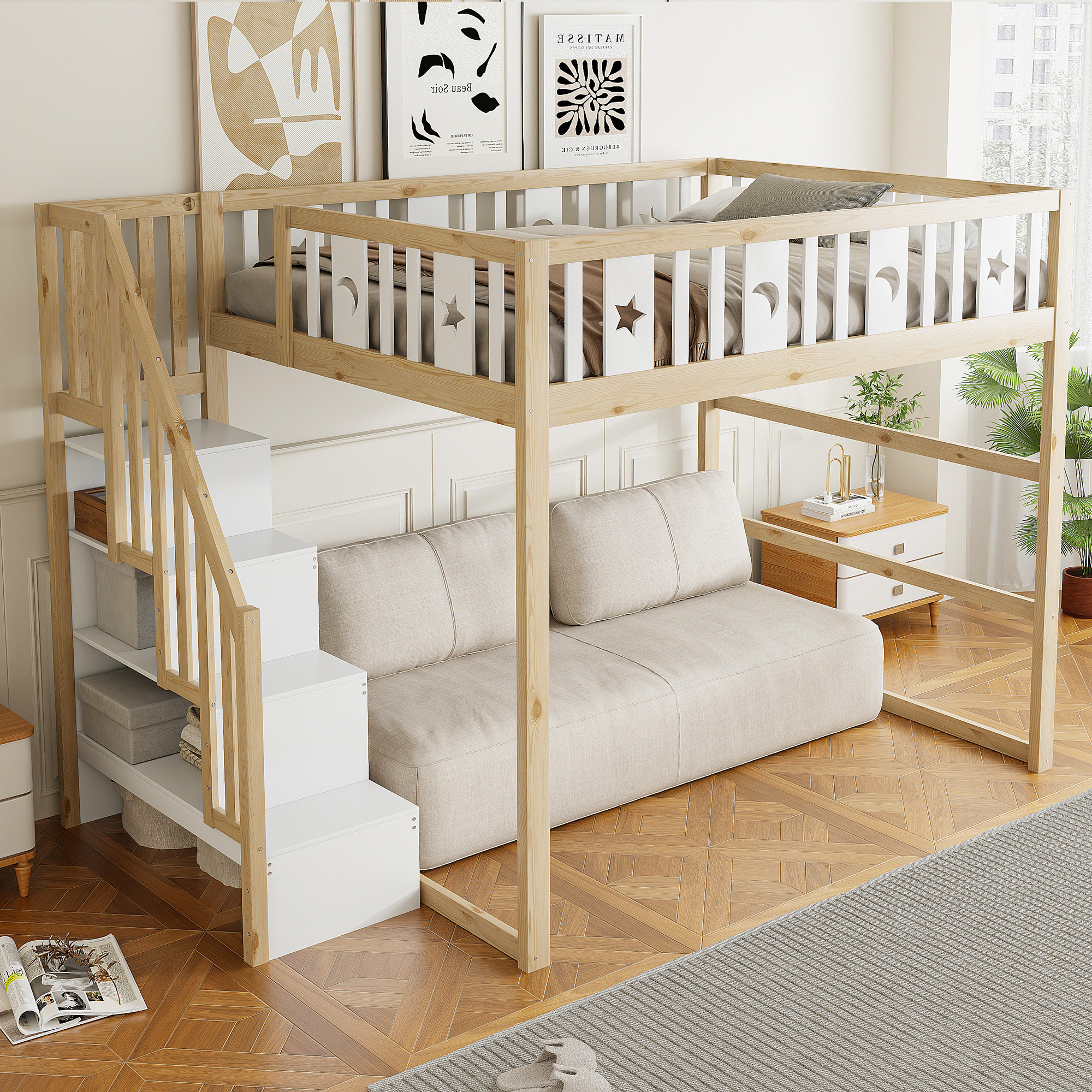 Bunk Bed For Children 140x200 With Stairs ,loft Bed In Solid Wood With Safety Railing, Star And Moon Decoration.