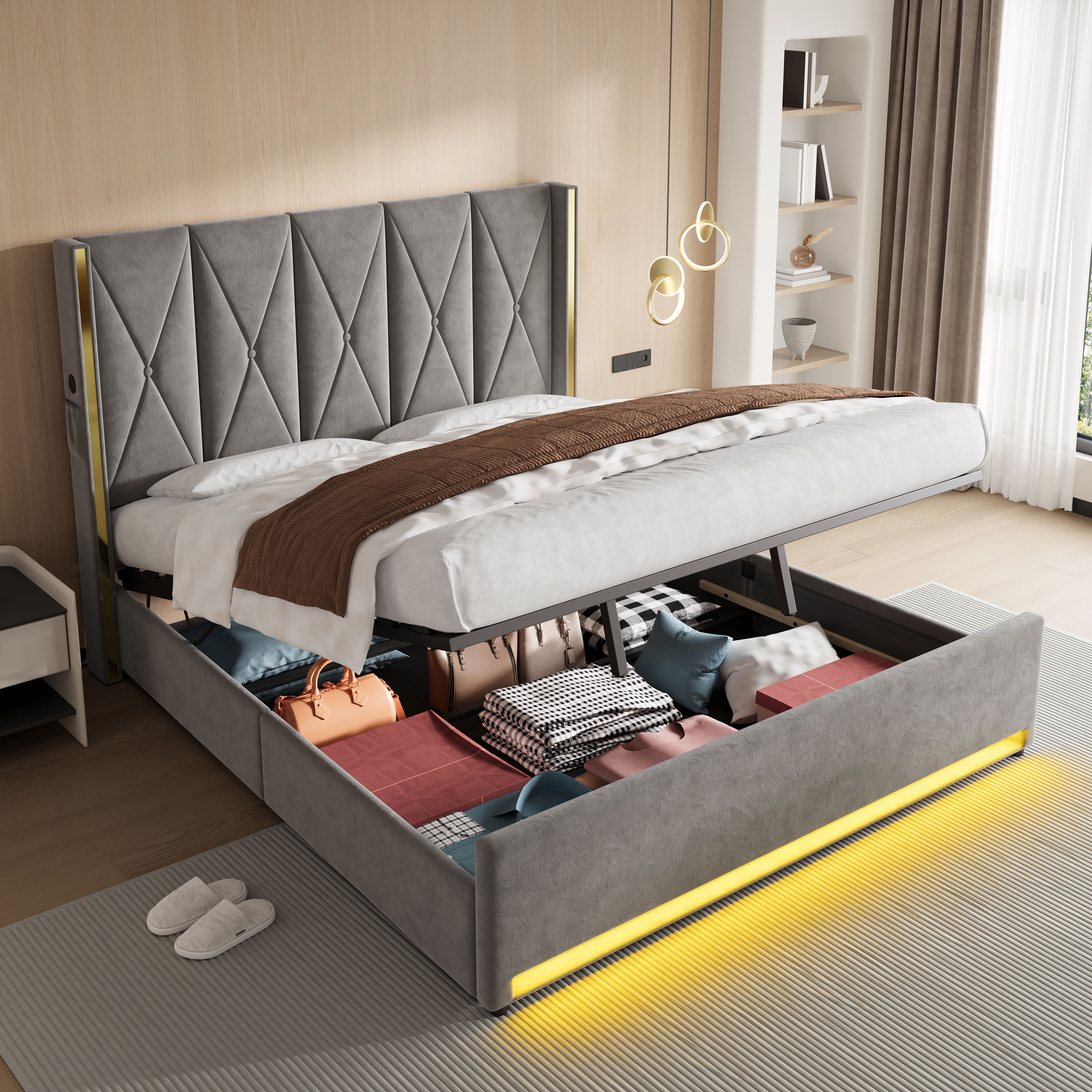 Velour Bed With High, Softly Padded And Quilted Headboard, Side Pockets, USB & LED, Hydraulic Lever System & Large Underbed Storage Space  Combines Design, Comfort And Practicality.180x200cm