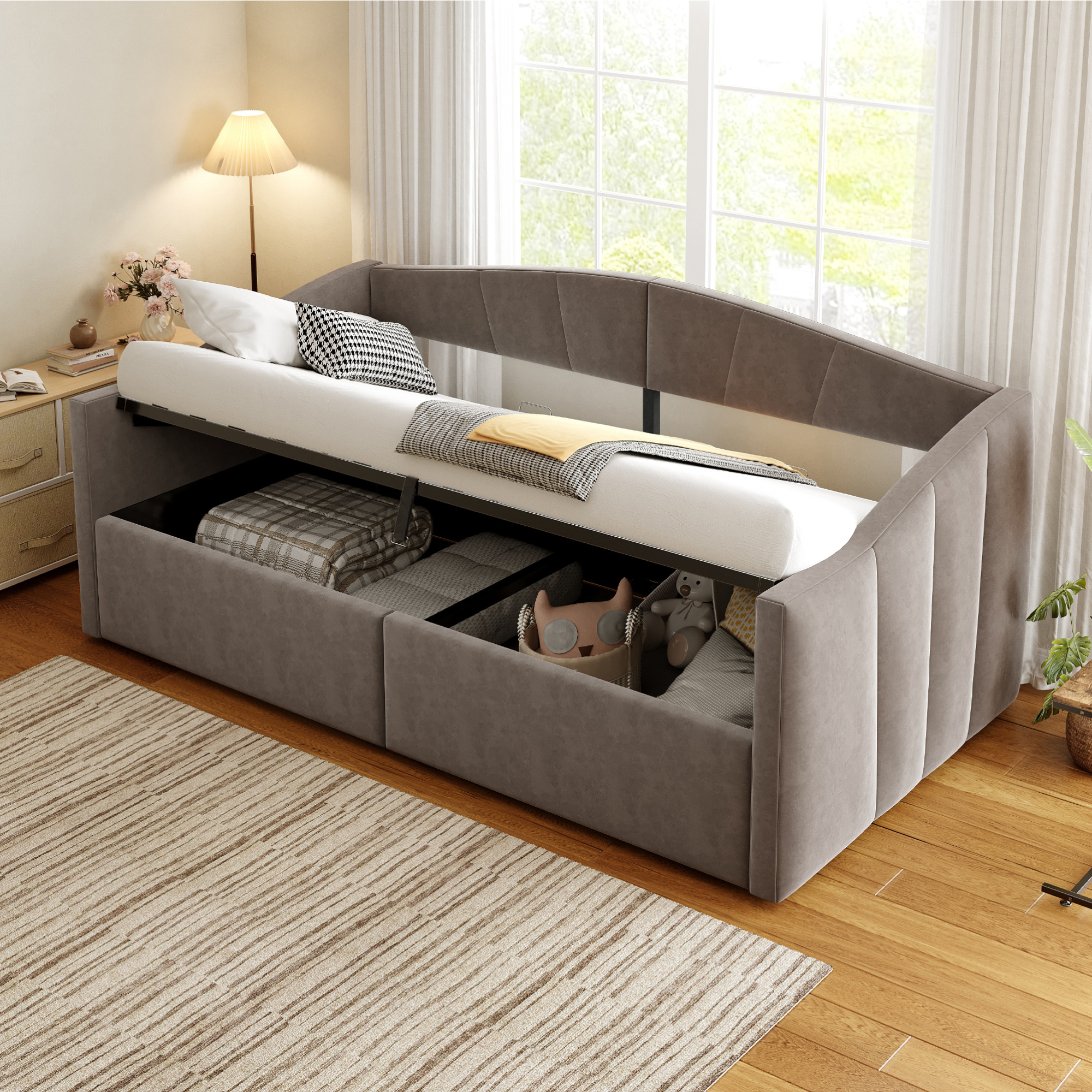 Upholstered Bed Sofa Bed 90x200 Cm, With Hydraulic Storage, With Slatted Base And Armrests, Classic Striped, Multifunctional Single Bed, Skin-Friendly Velvet Fabric, Grey