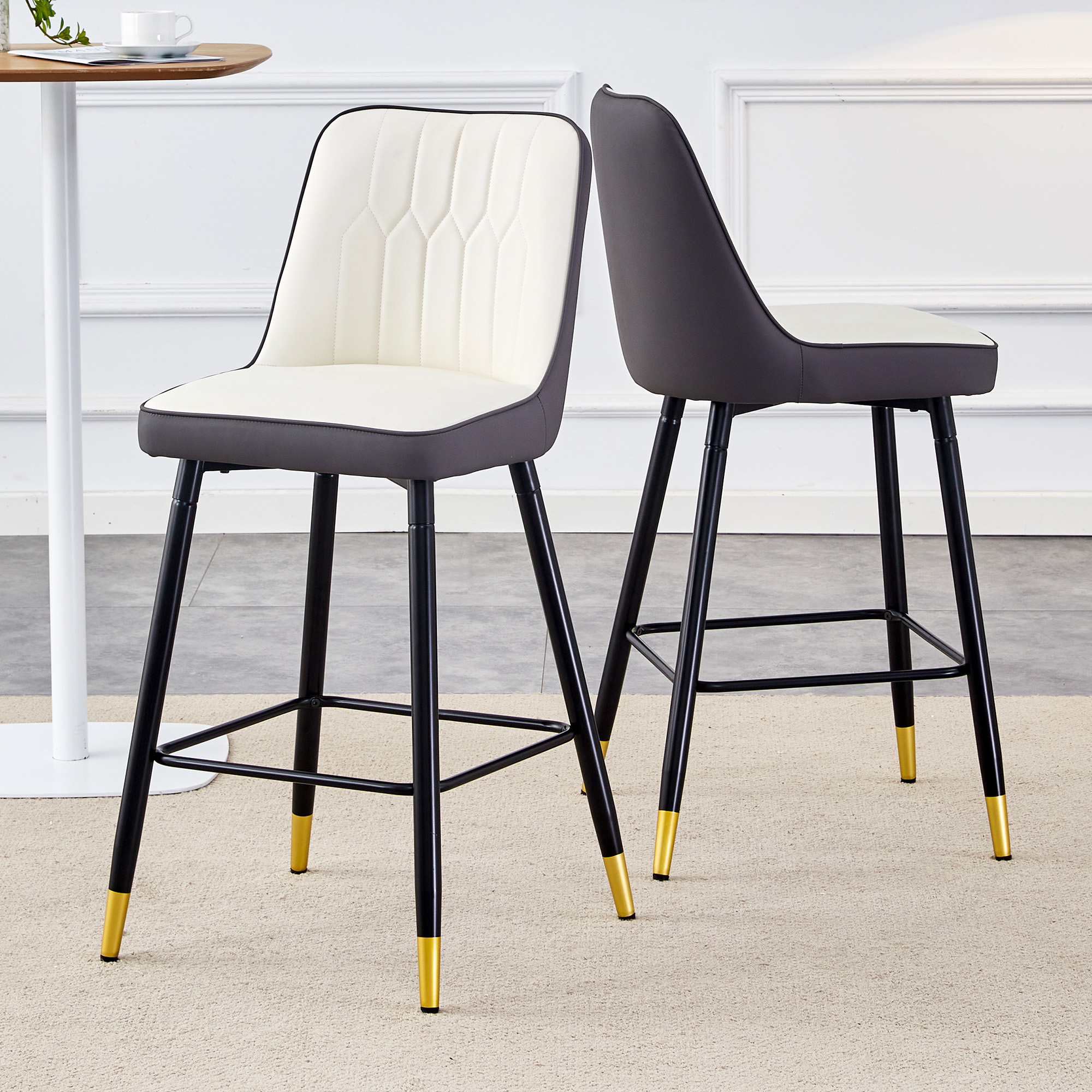 Set Of 2 Bar Stools, 100 Cm High, Made Of PU Leather In White Dark Grey Combination With Black Metal Frame And Comfortable Footrest. Available In Seve