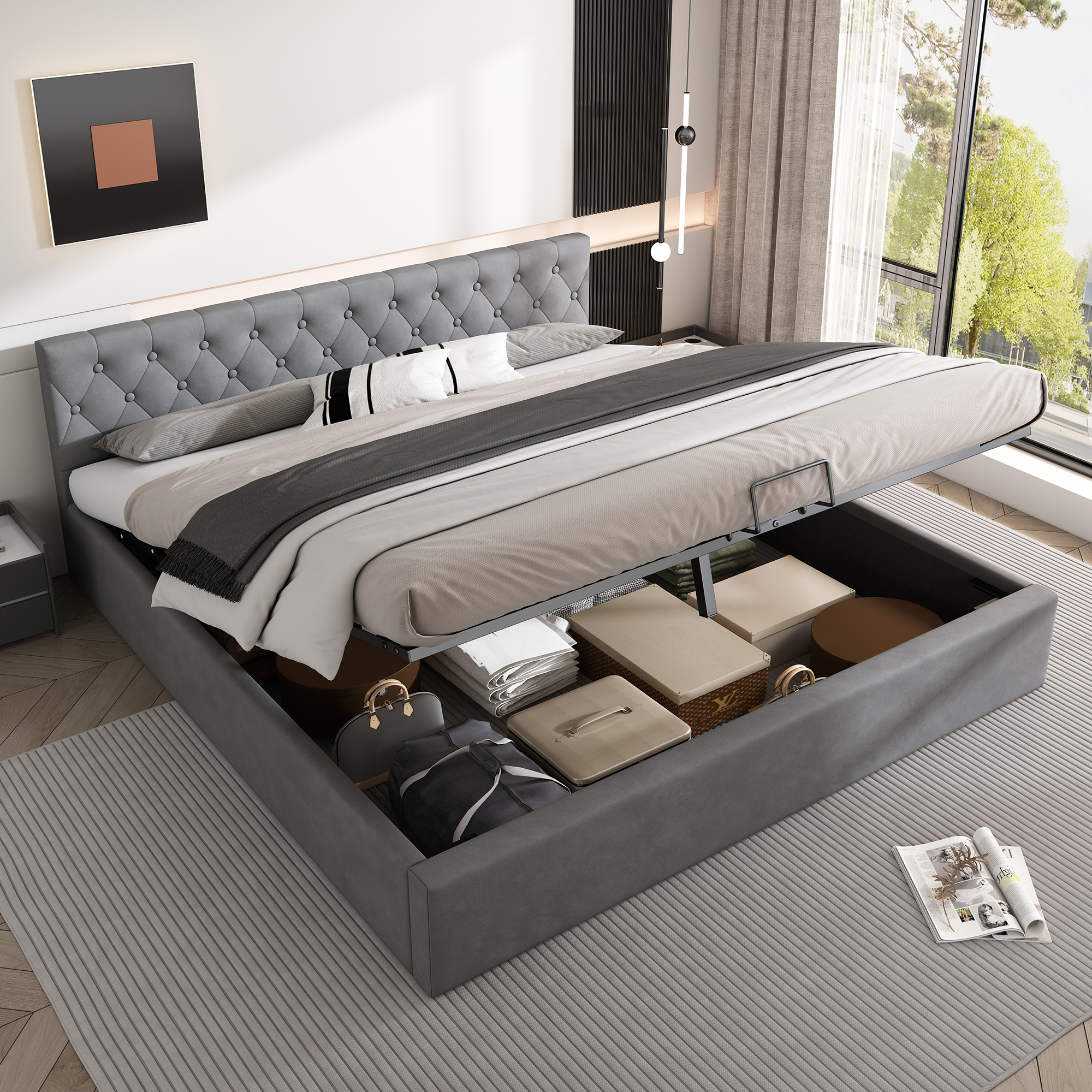 Velvet Upholstered Bed, 180X200cm, Buttoned Headboard, Double Bed, Hydraulic Bed With Storage, Slatted Frame, Grey OLD SKU 29775960AAH