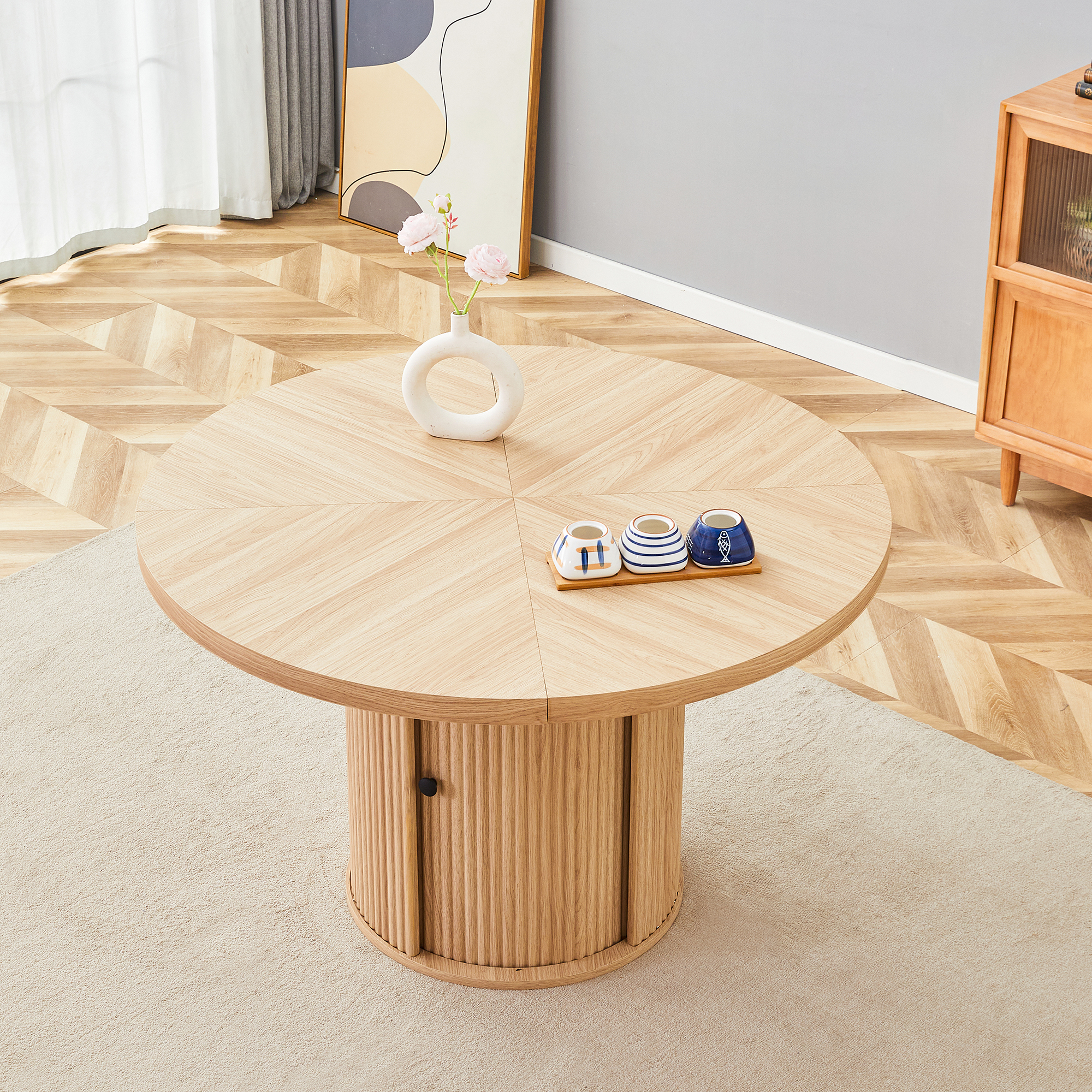 Round Dining Table With Storage Space, Wood Look, 115cm, Column Base With Cabinet, Dining Room Table For 4-6 People, Scandinavian Modern