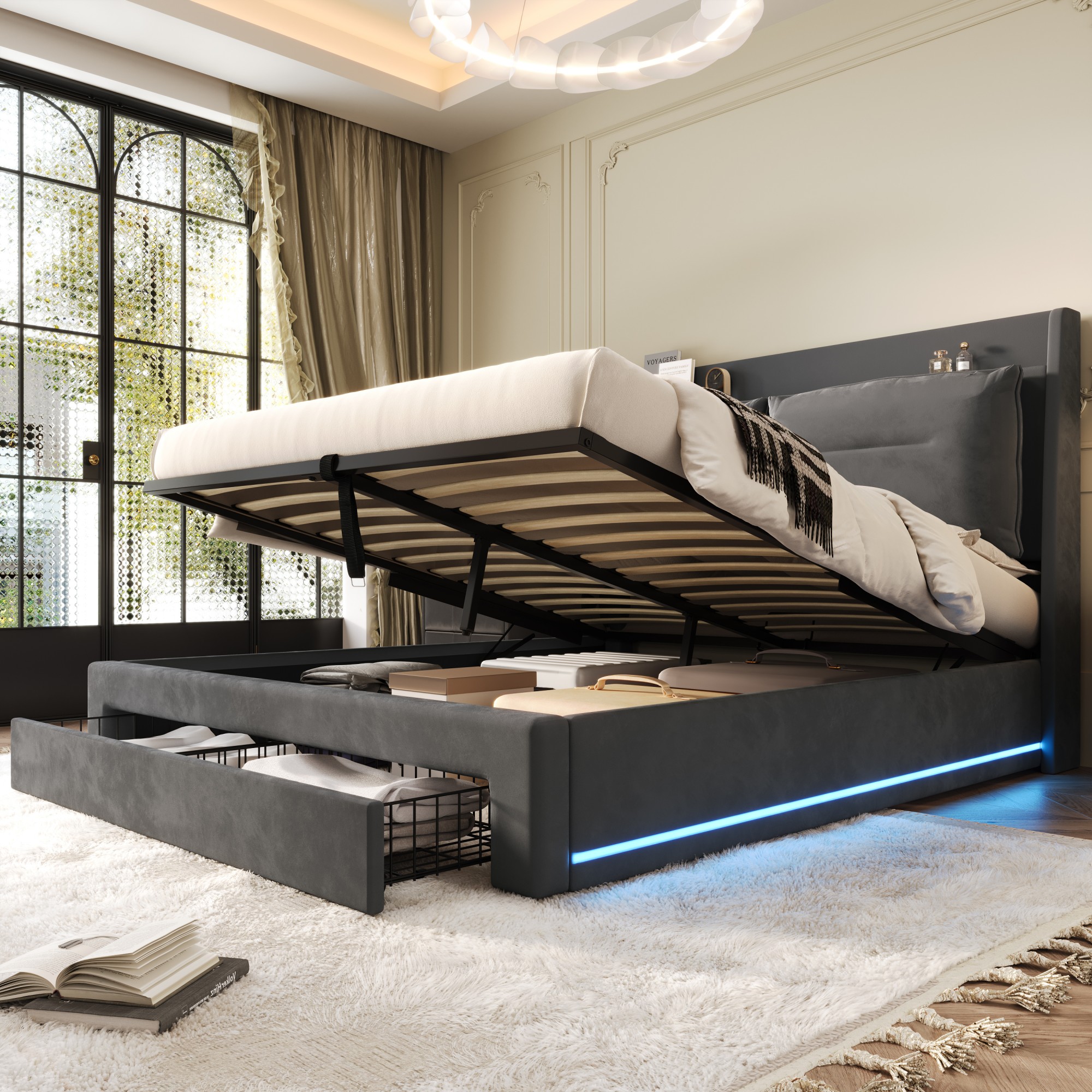 LED Illuminated Tufted Bed, 140x190, Hydraulic Bed, 2-in-1 Storage Drawers At The End Of The Bed, LED Light Strips Recessed On Both Sides Of The Bed, Slatted Base, Without Mattress, Velvet, Grey