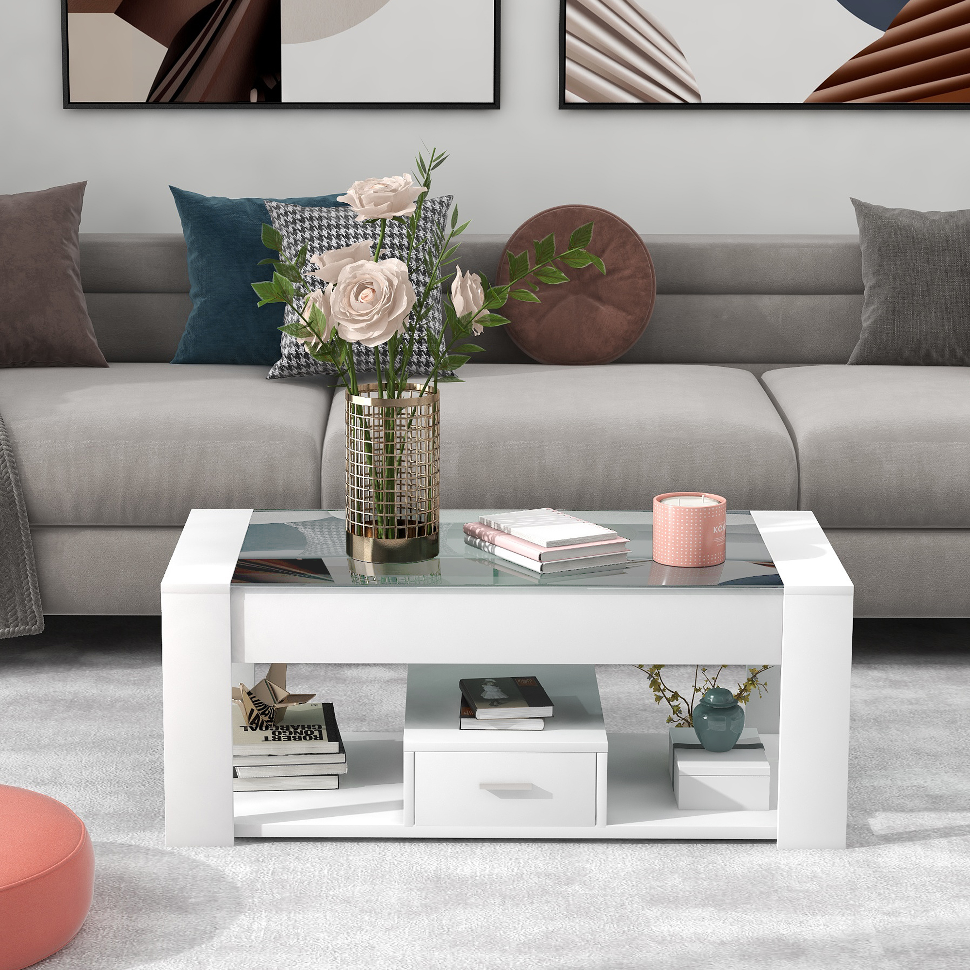 WF316882WAA Living Room Coffee Table With Glass Top, Lockers And Storage, White 100 X 50 X 40cm