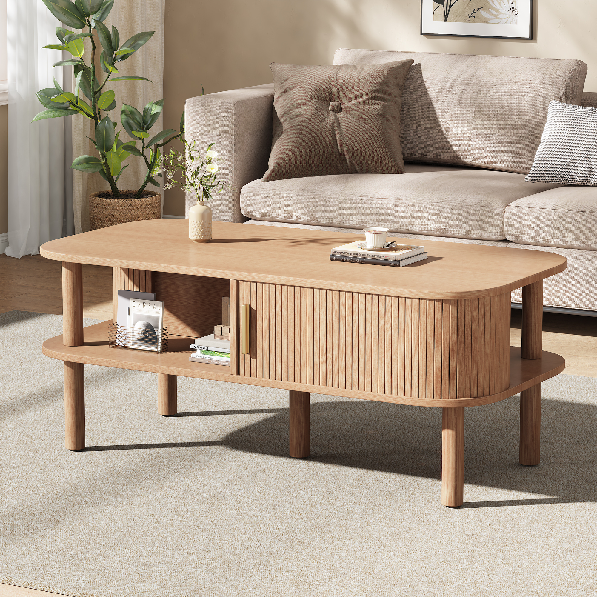 Light Wood Coffee Table 110x55x45cm Made Of MDF, Living Room Table With Roller Door, Open Compartments Storage Space, Up To 60 Kg Loadable, Scandinavian Coffee Table, Coffee Table, Side Table