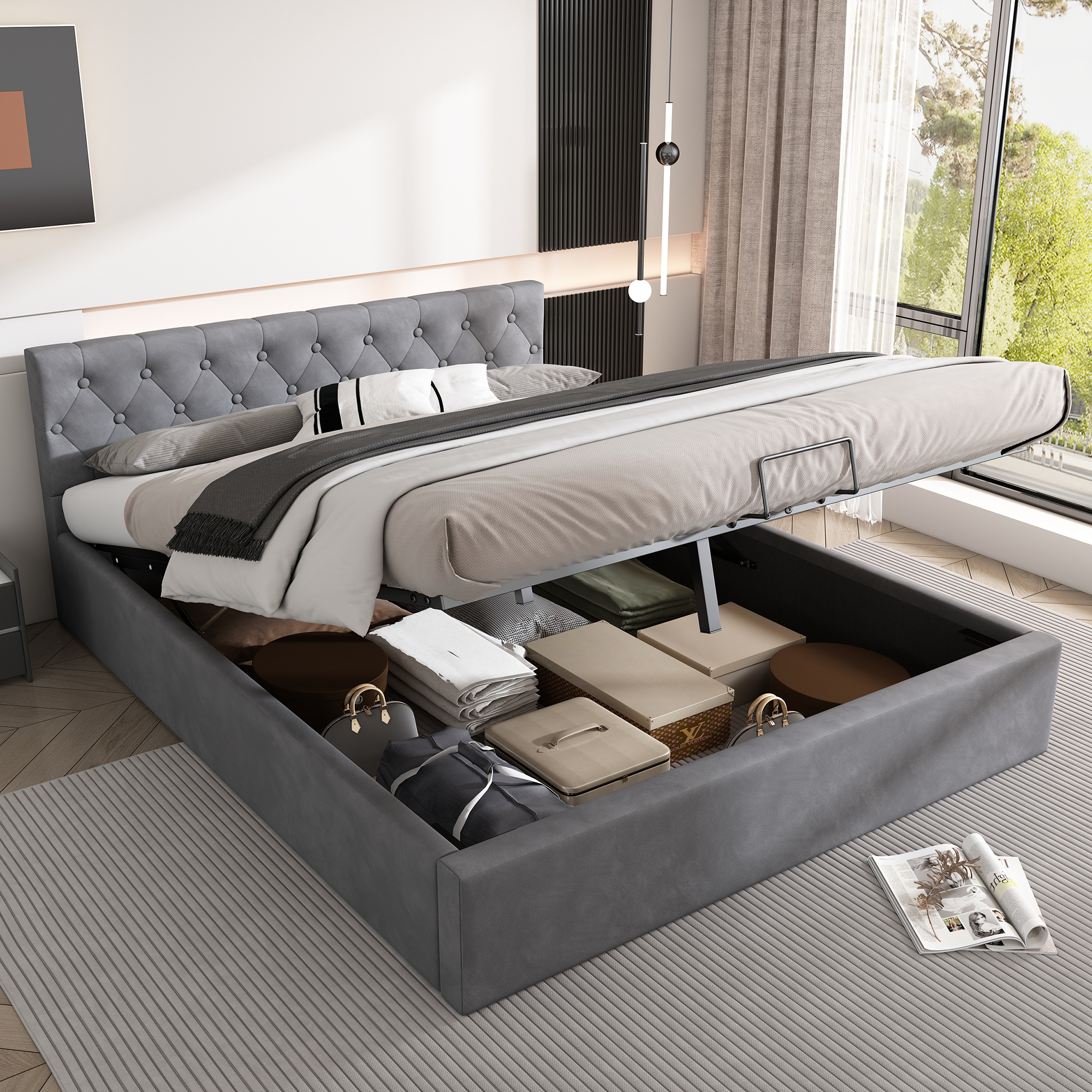 Velvet Upholstered Bed, 140X200cm, Buttoned Headboard, Double Bed, Hydraulic Bed With Storage, Slatted Frame, Grey OLD SKU 29776162AAH
