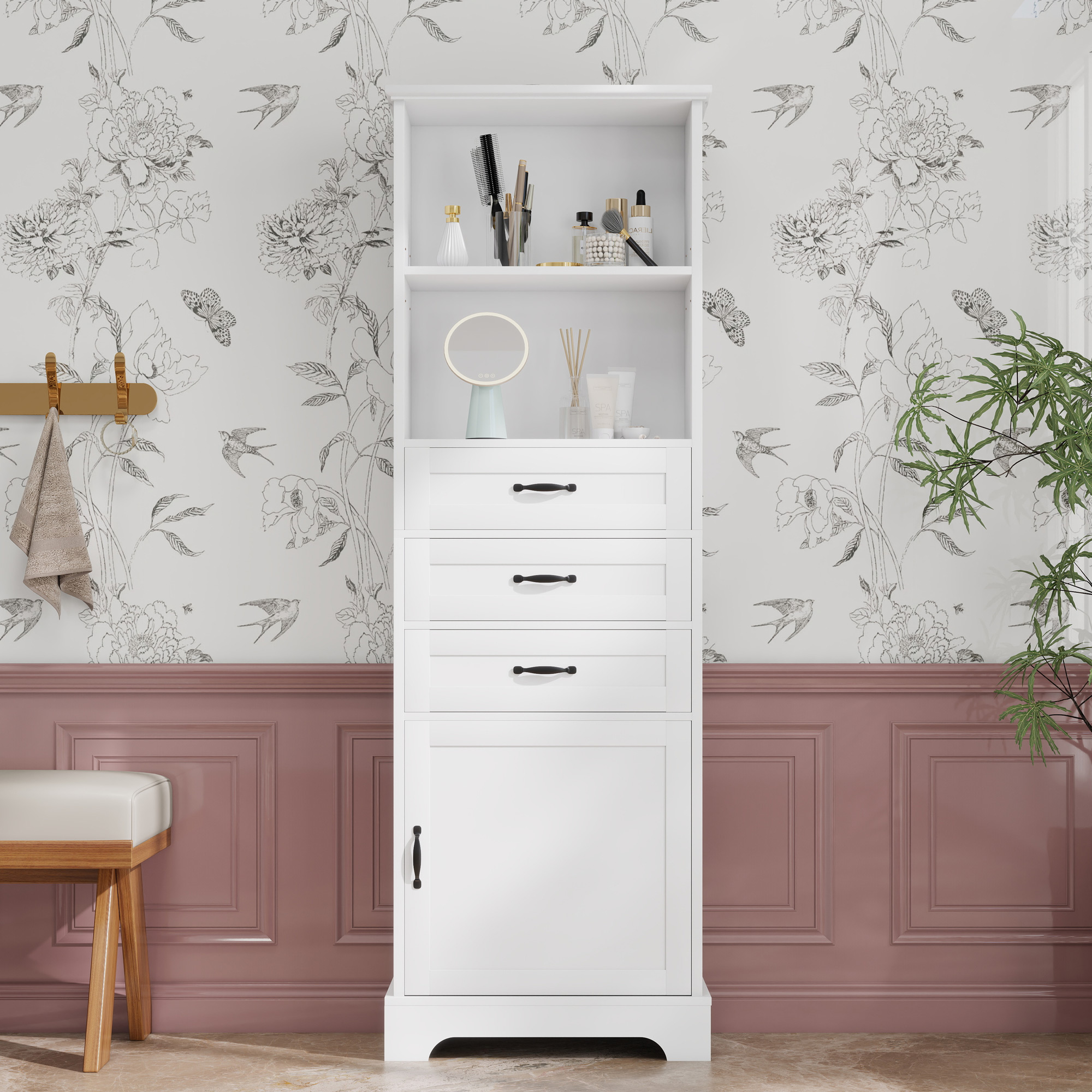 56 X 25.6 X 167 CmBathroom Cabinet, Fully Lacquered, Three Drawers - Open Shelves - Storage Compartment, Adjustable Shelves, Black Handles, High Cabinet Legs, White.