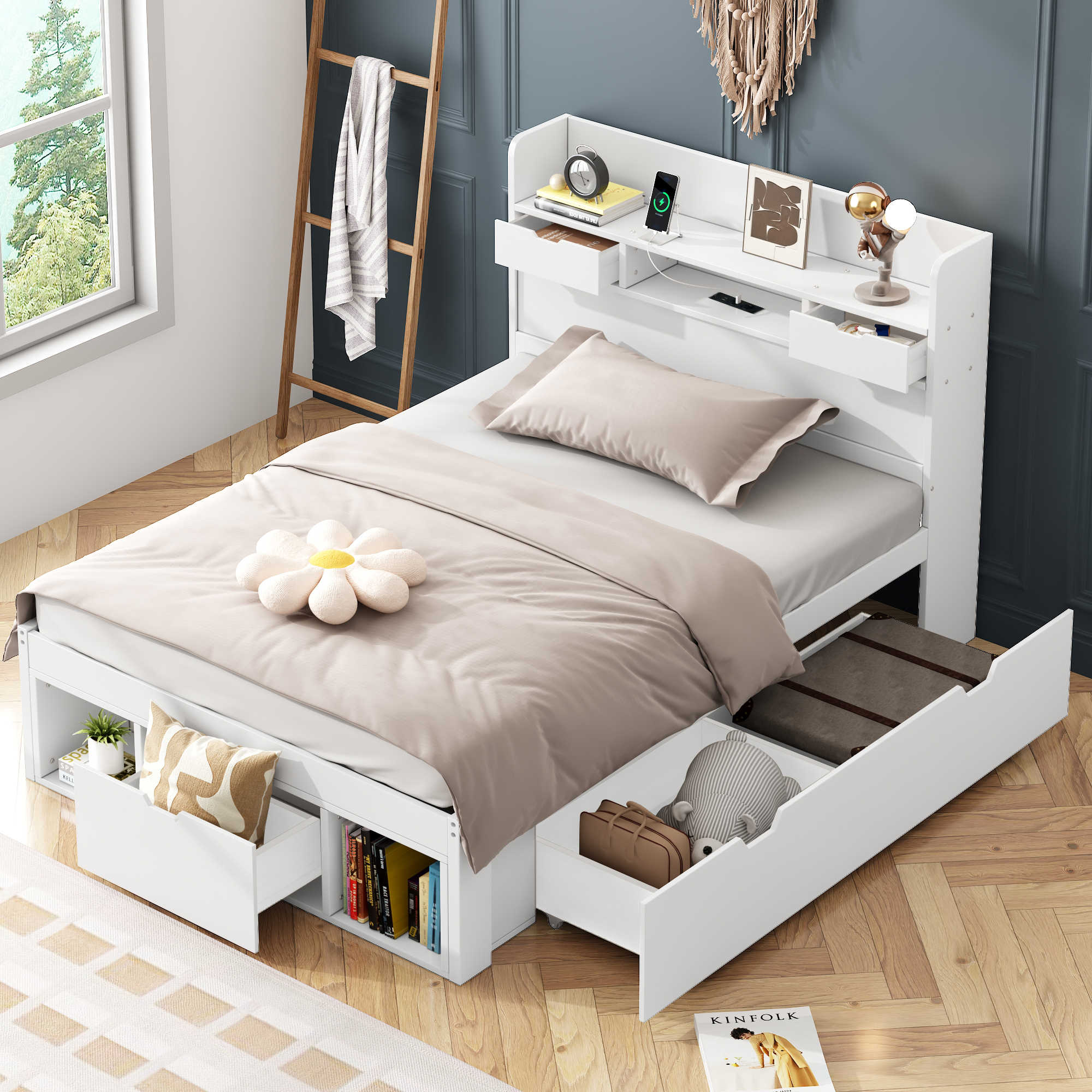 Single Bed, 90x190 Cm, With USB Port And Drawer, Children's Bed, Teen Bed, Multifunctional Bed, Large Storage Space, Mattress Not Included, White.