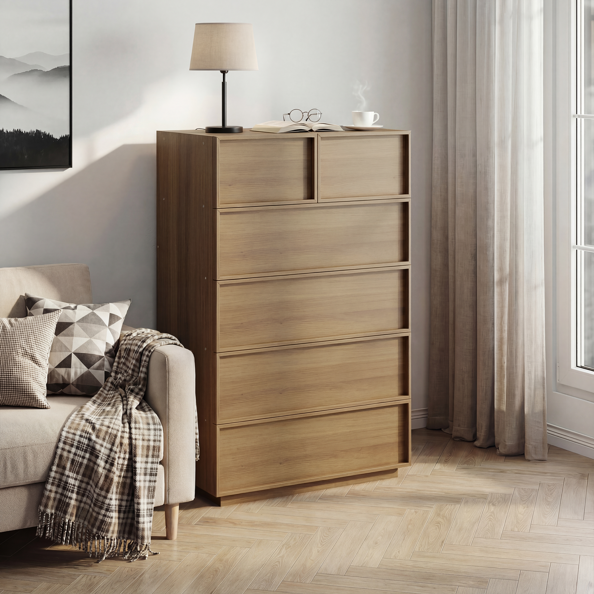 Chest Of Drawers With Six Drawers, Modern Wardrobe Cupboard, Wooden Storage Furniture, Dressing Table, Suitable For Living Room, Bedroom, Hallway, 80 X 48 X 127 Cm, Oak Colour