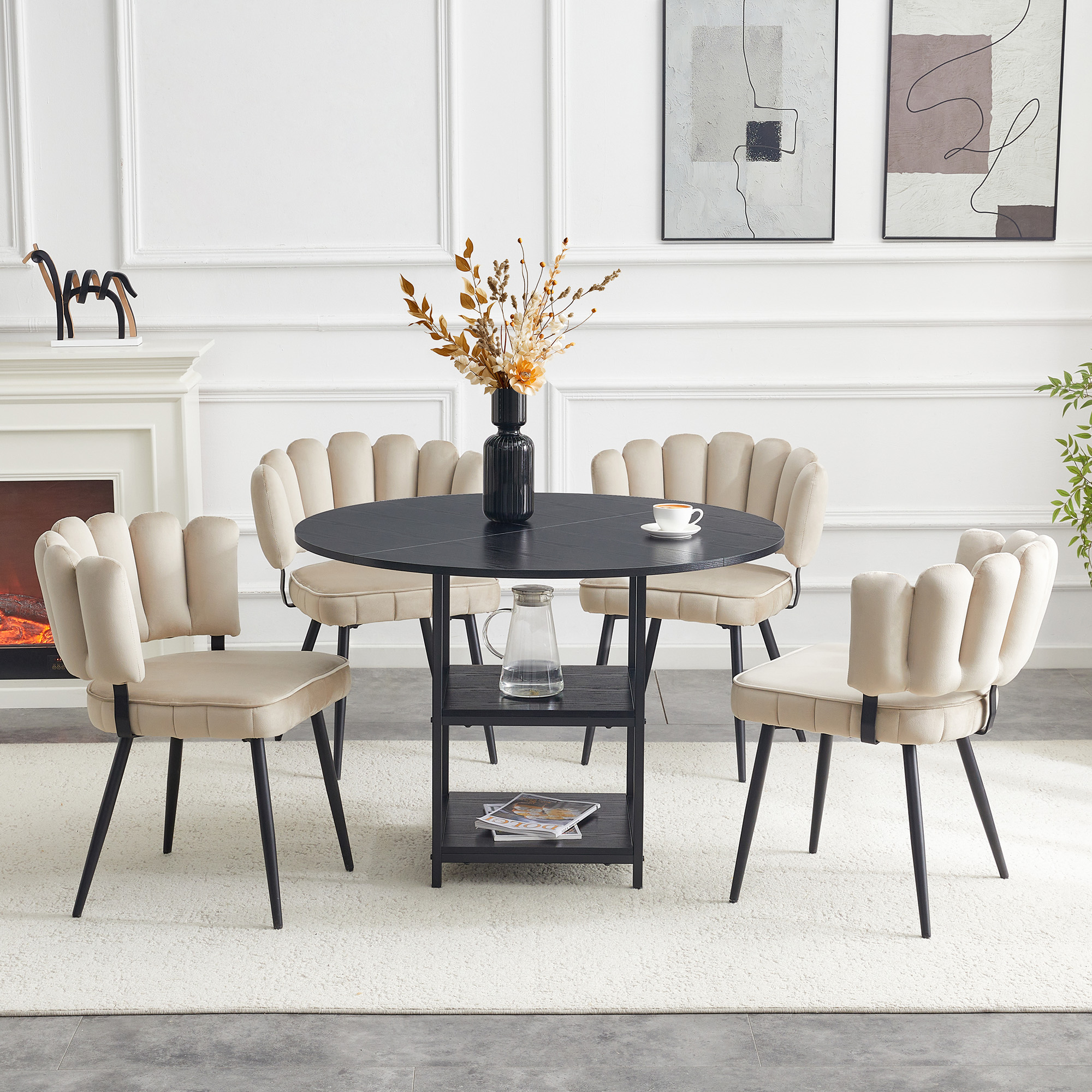 Table And Chair Set Round 107 Cm Dining Table With Double Storage Level  4 Light Brown Dining Chairs With Flower-shaped Fabric Backrest   Industrial Style Set For Small Apartments.