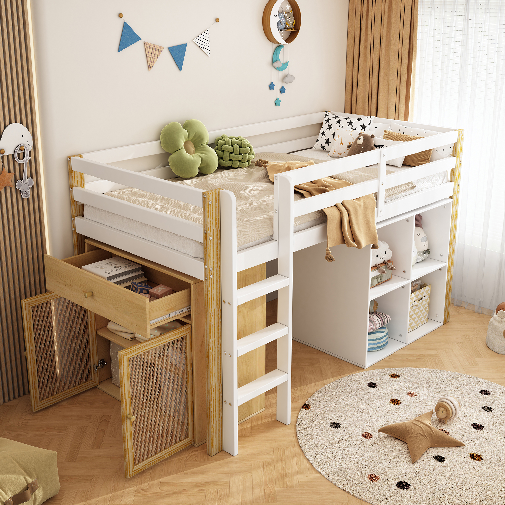Children's Loft Bed, Multifunctional Cot, Single Cot, With 2 Storage Cabinet And Ladder, Without Mattress, 90 X 200 Cm, Natural  White