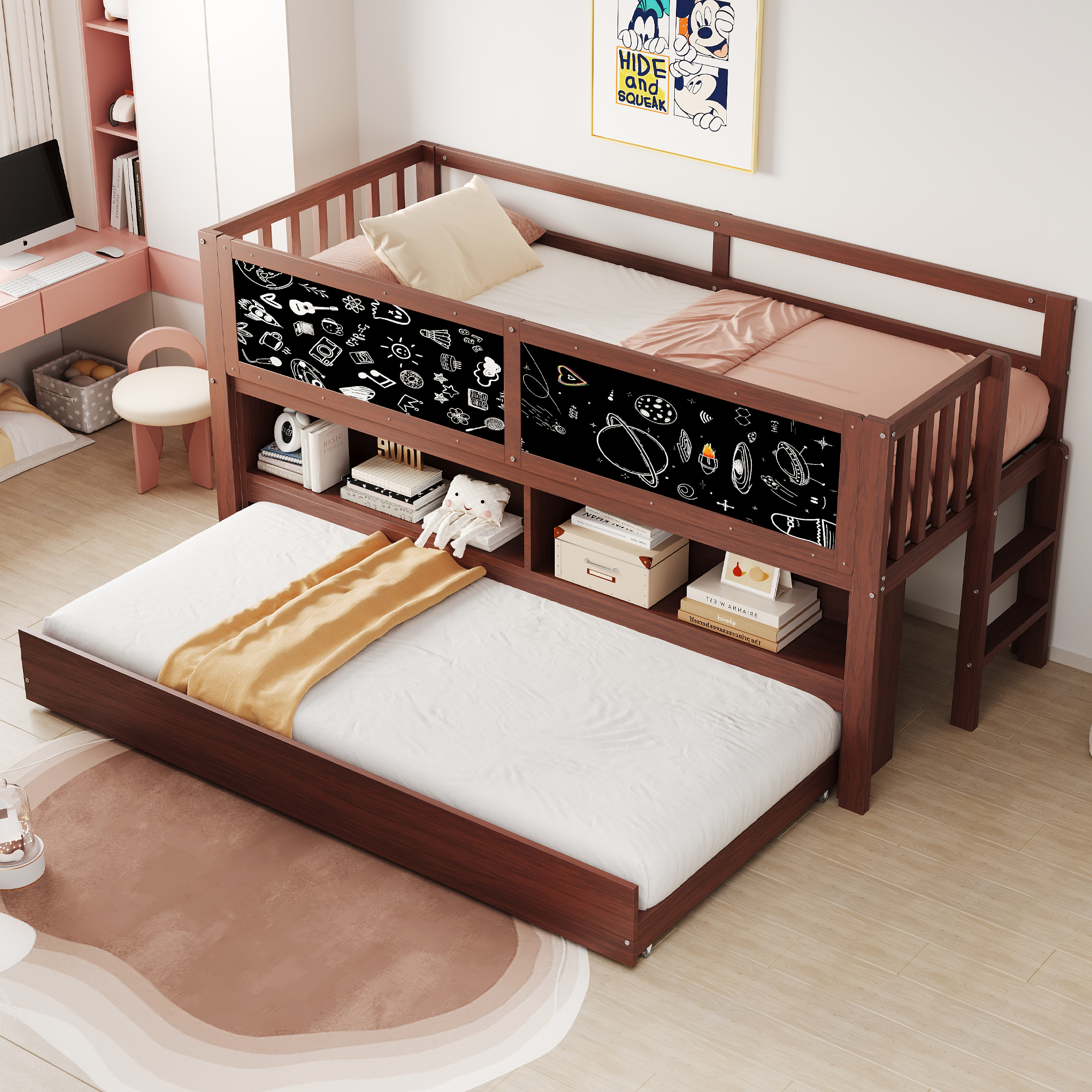 Children's Bed House Bed 90x200, Pull-out Cot, With Graffiti Board, With Open Storage Space, With Climbing Ladder, Solid Wood Children's Bunk Bed, Without Mattress, Brown