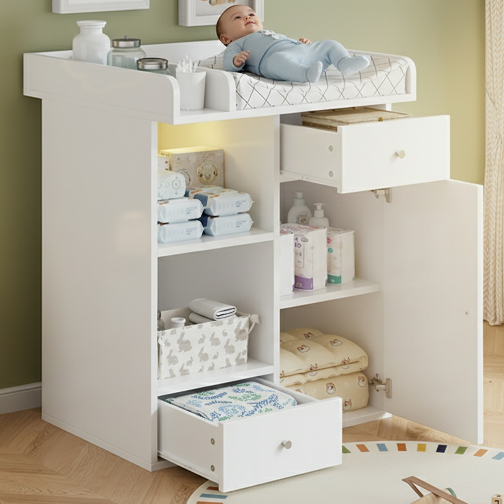 Changing Table White, With Adjustable LED Lighting  Colour & Brightness , 2 Drawers, Plenty Of Storage Space, Changing Area With Dividers