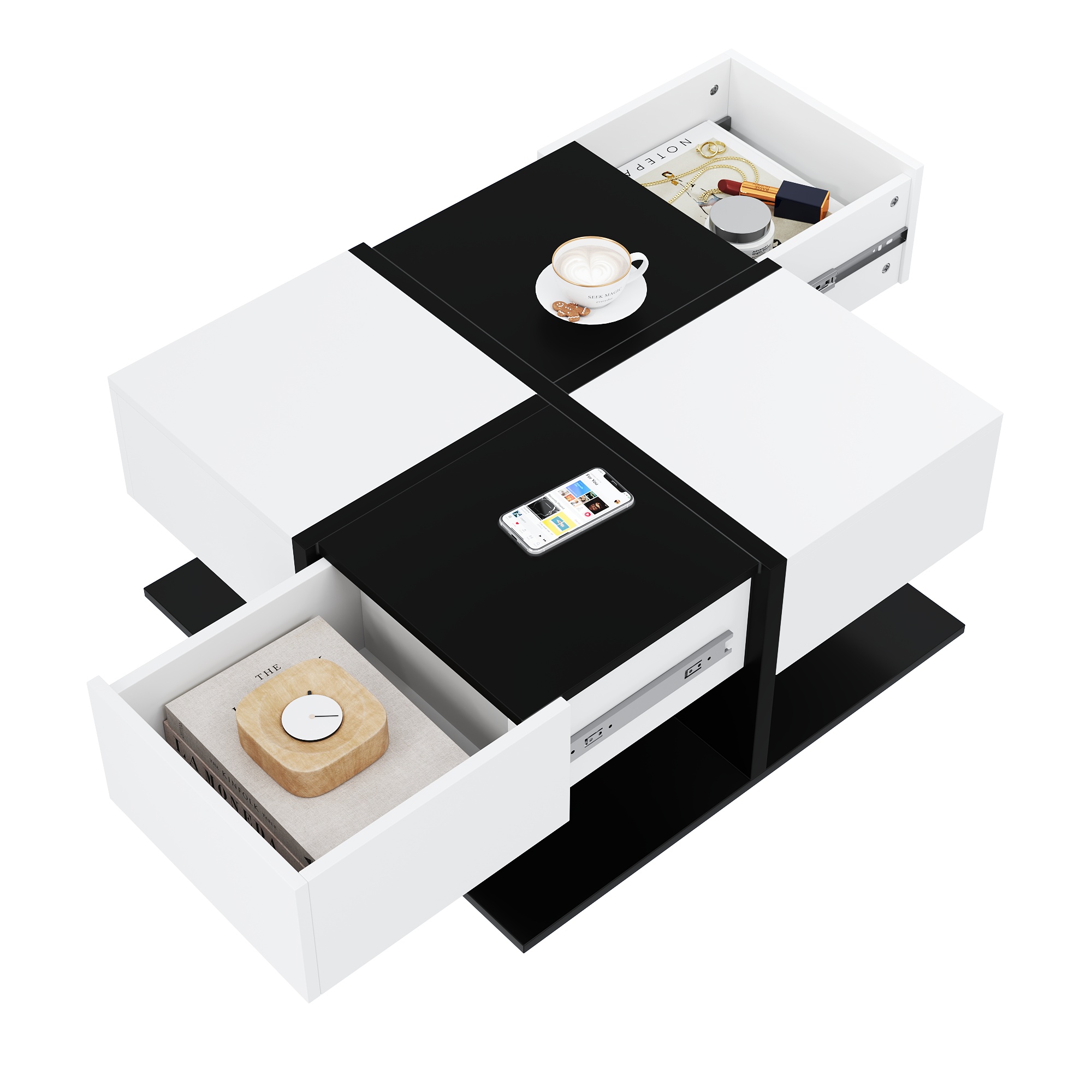Modern Coffee Table Black White 70x70x35.5 Cm With 2 Drawers, Square Living Room Table With Storage, High Gloss Coffee Table With Soft Drawer Rails