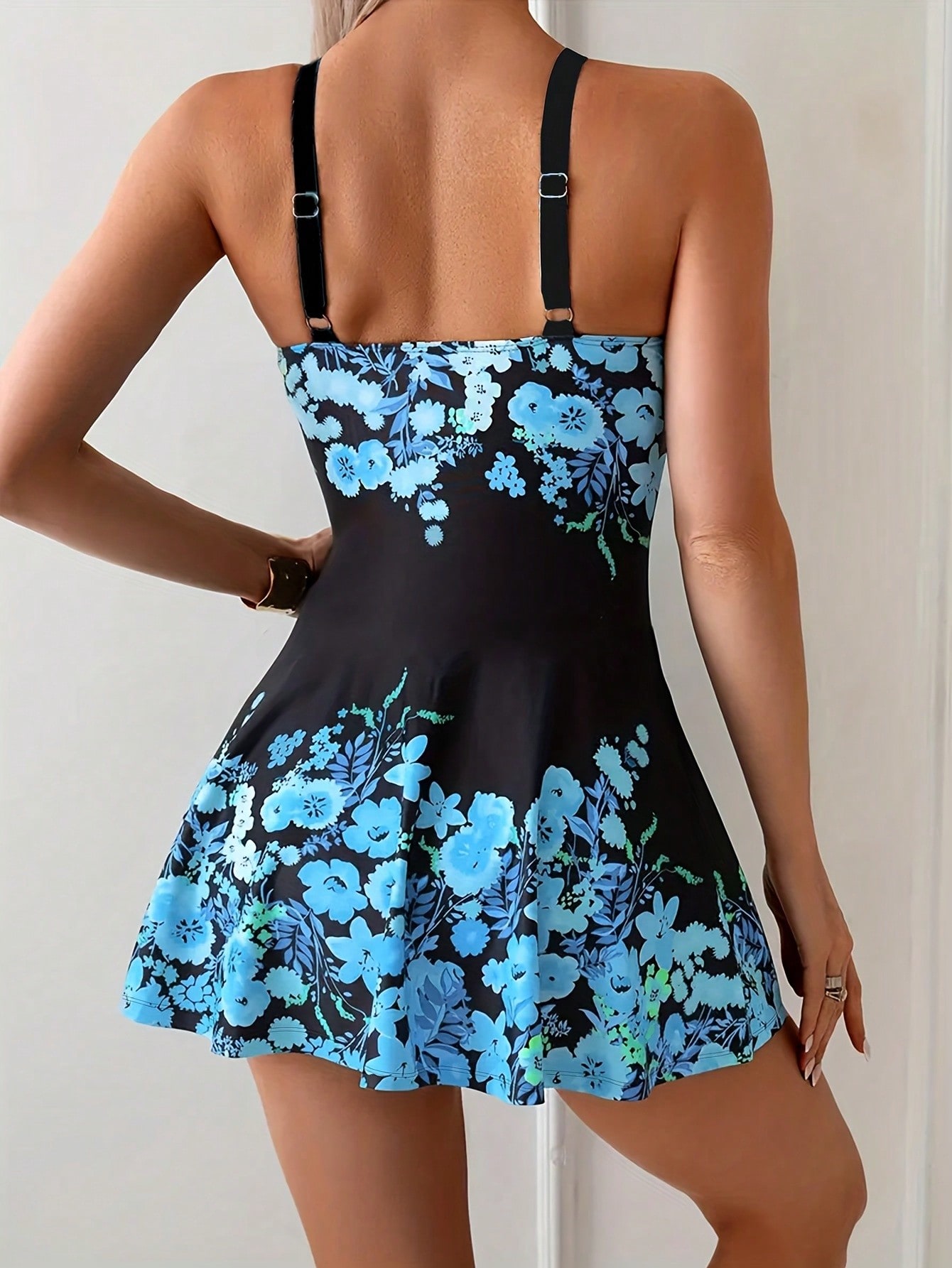 2026 New Blue Floral Print Tankini Side Drawstring Tummy Control Two Piece Swimwear