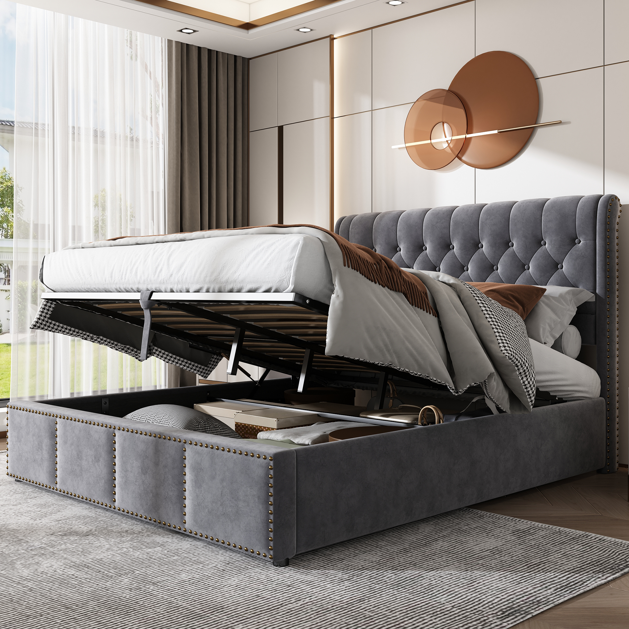 Upholstered Bed, With Hydraulic Lever, Functional Bed Of Storage, Studded Decoration, 140 X 200 Cm, Without Mattress, Velvet, Grey