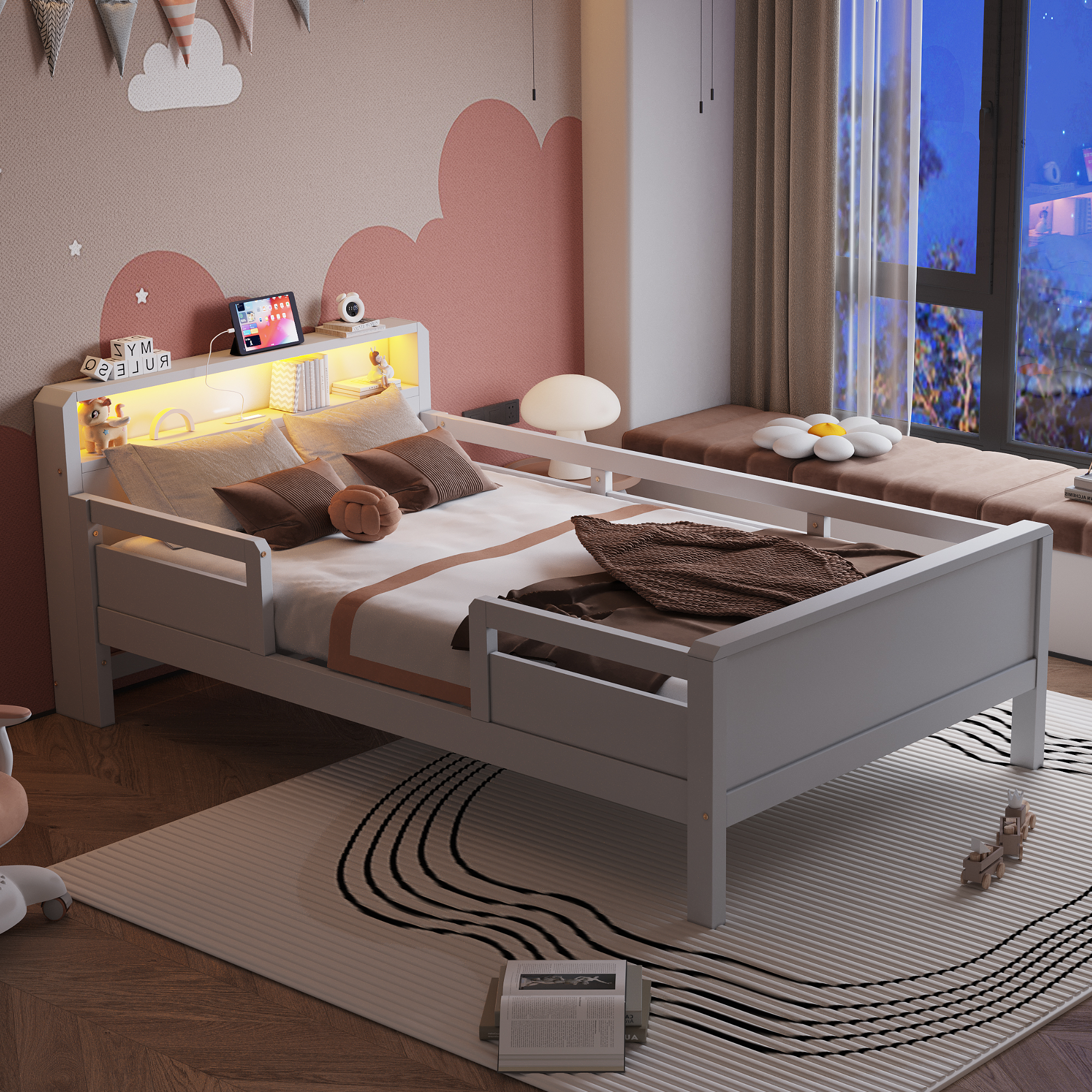Wooden Bed 90 X 200 Cm, USB And Tape-C Combination Socket, Small LED Light, Headboard With Storage Function, Cot, Single Bed, Multifunctional Bed, Pinewood, White