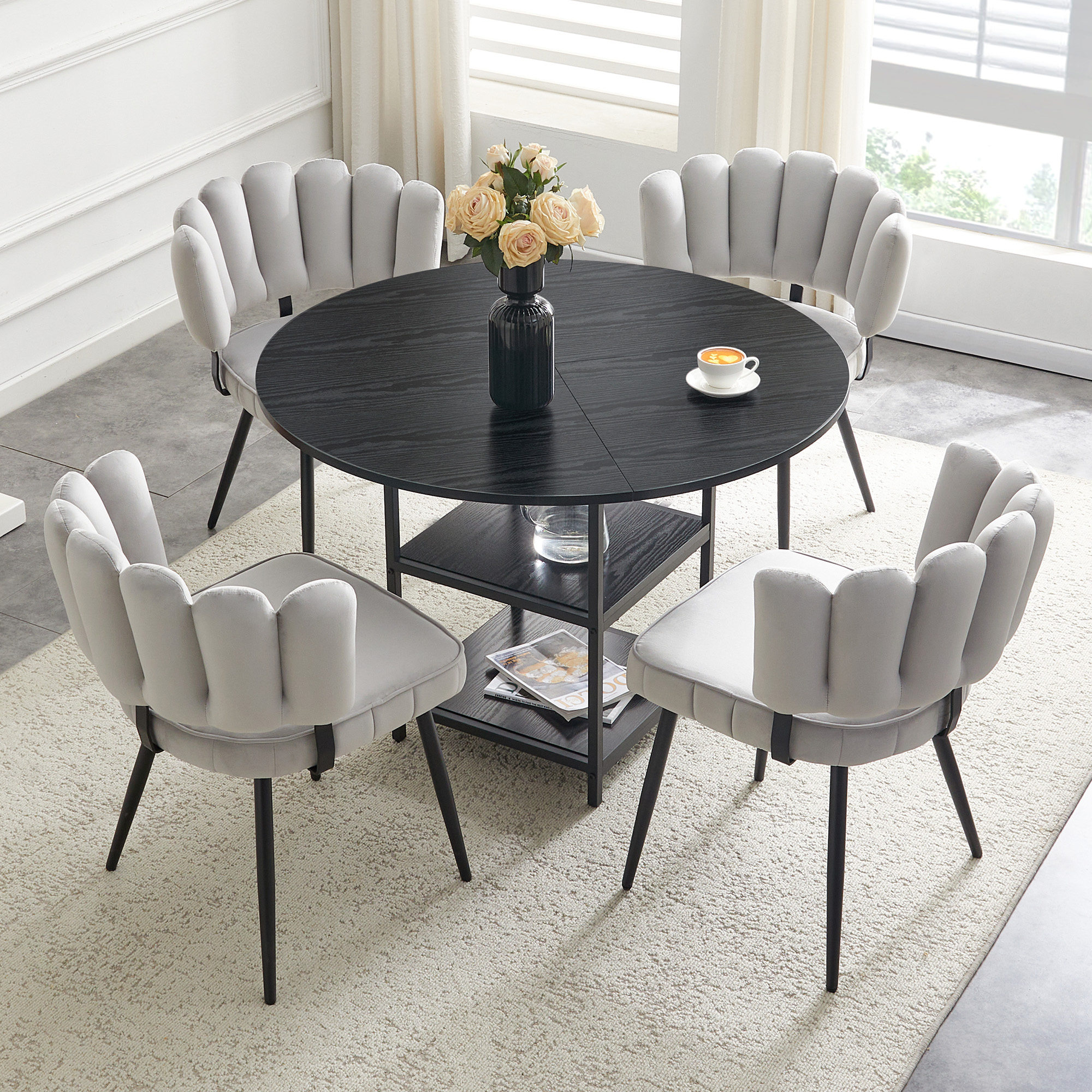 Table And Chair Set Round 107 Cm Dining Table With Double Storage Level   4 Light Grey Dining Chairs With Flower-shaped Fabric Backrest  Industrial Style Set For Small Apartments.