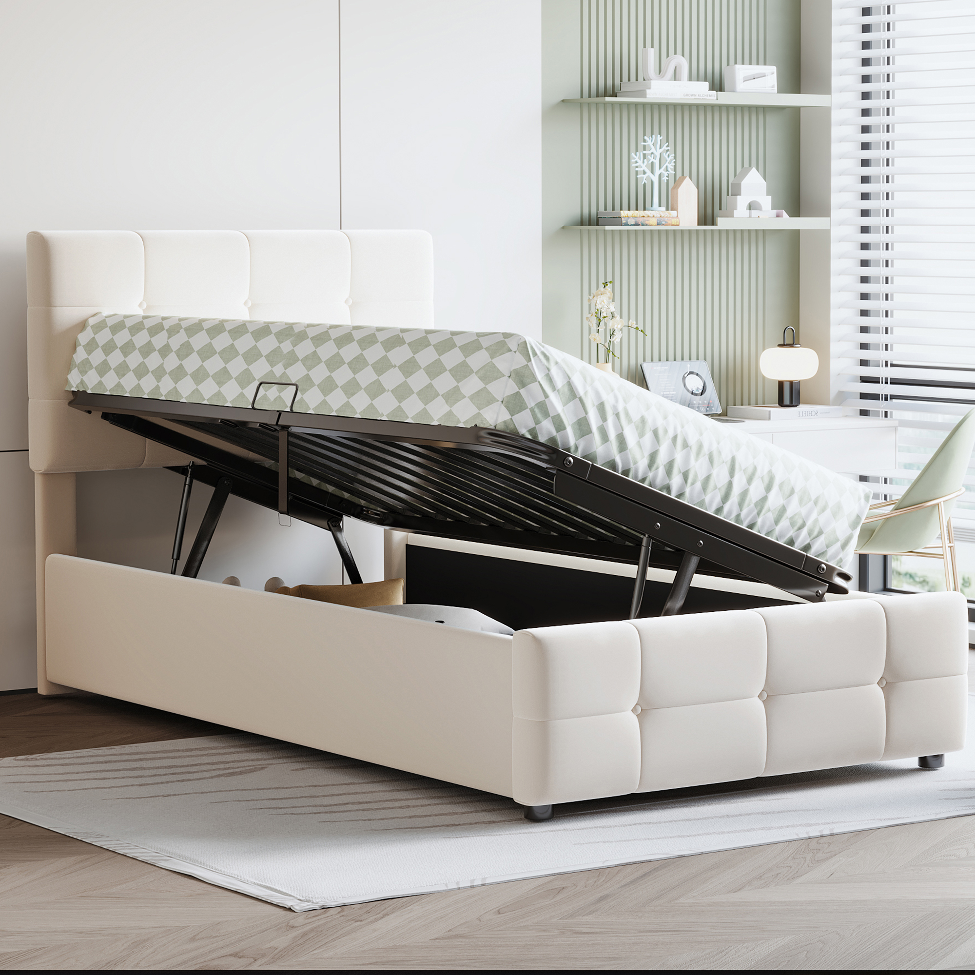 Upholstered Bed Children's Bed 90x200 Cm, Hydraulic Storage Bed, Height-Adjustable Headboard, Single-High Box Bed, Velvet Fabric,Beige