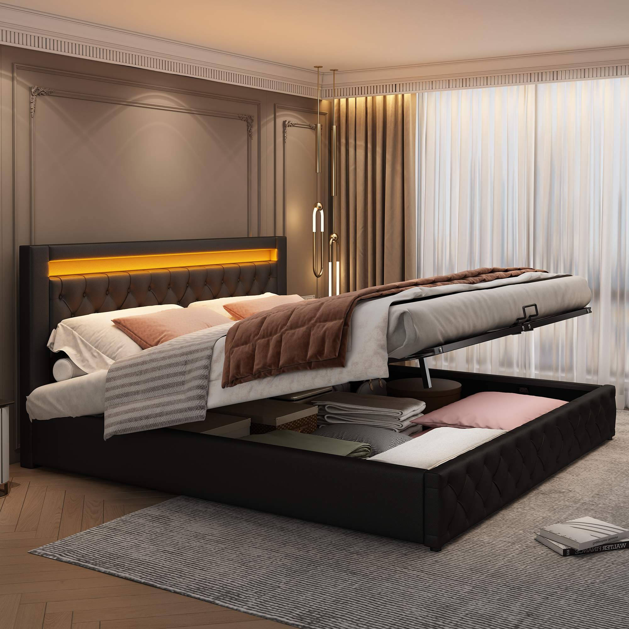 Upholstered Bed 180 X 200 Cm Functional Bed With Slatted Frame And Storage Space, LED Lighting In Different Colours, Black, PU