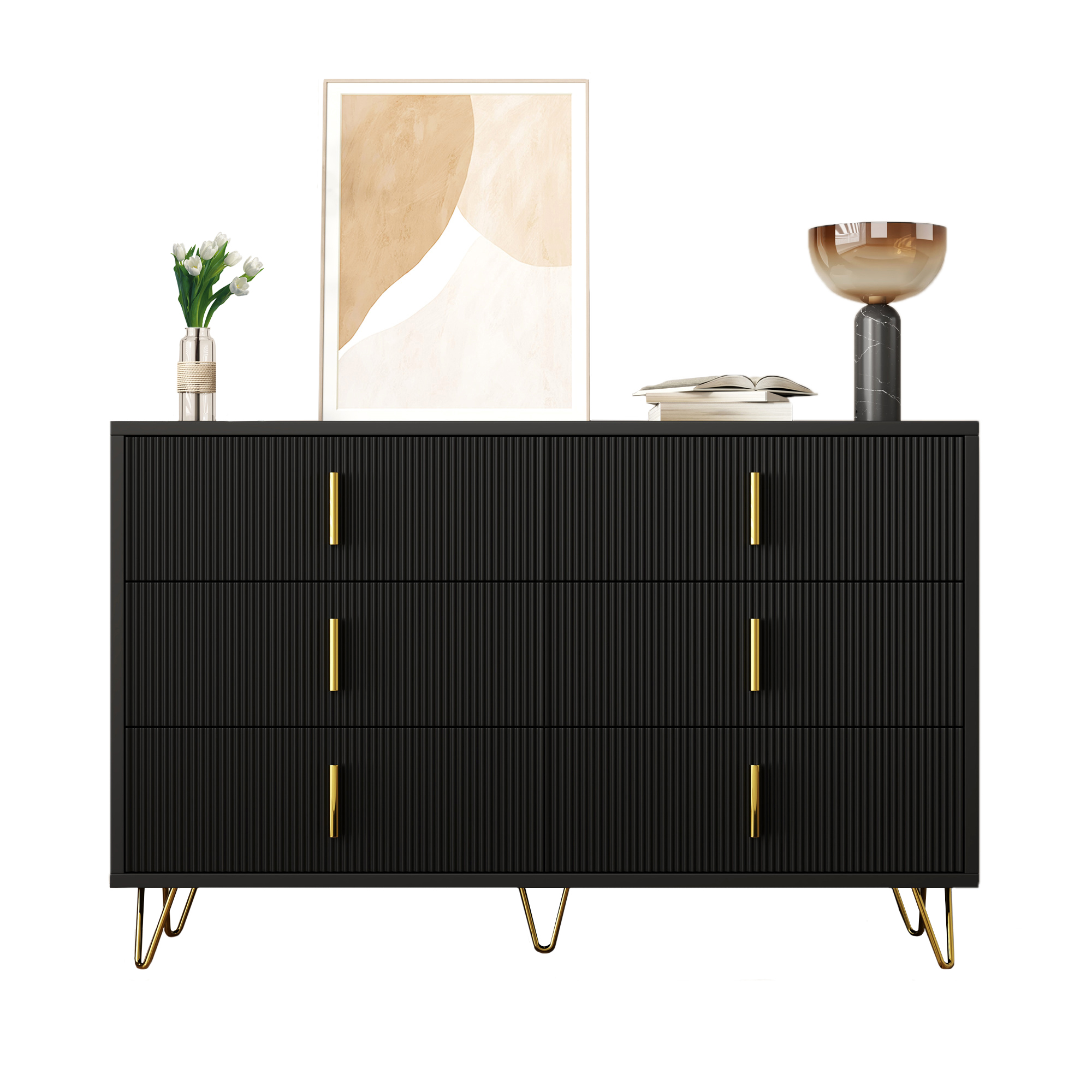 Elegant Sideboard With Modern Design, Chest Of Drawers And Plenty Of Storage Space, Golden Handles