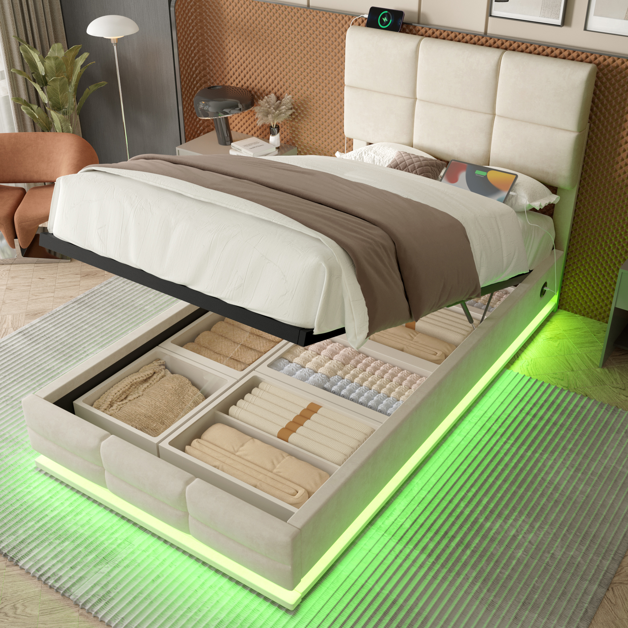 90x200 Cm Modern Velour Upholstered Bed With Height-adjustable Headboard - Incl. USB Type-C Ports, LED Ambient Lighting, Hydraulic Lift System & XXL Storage Space  Without Mattress - Beige