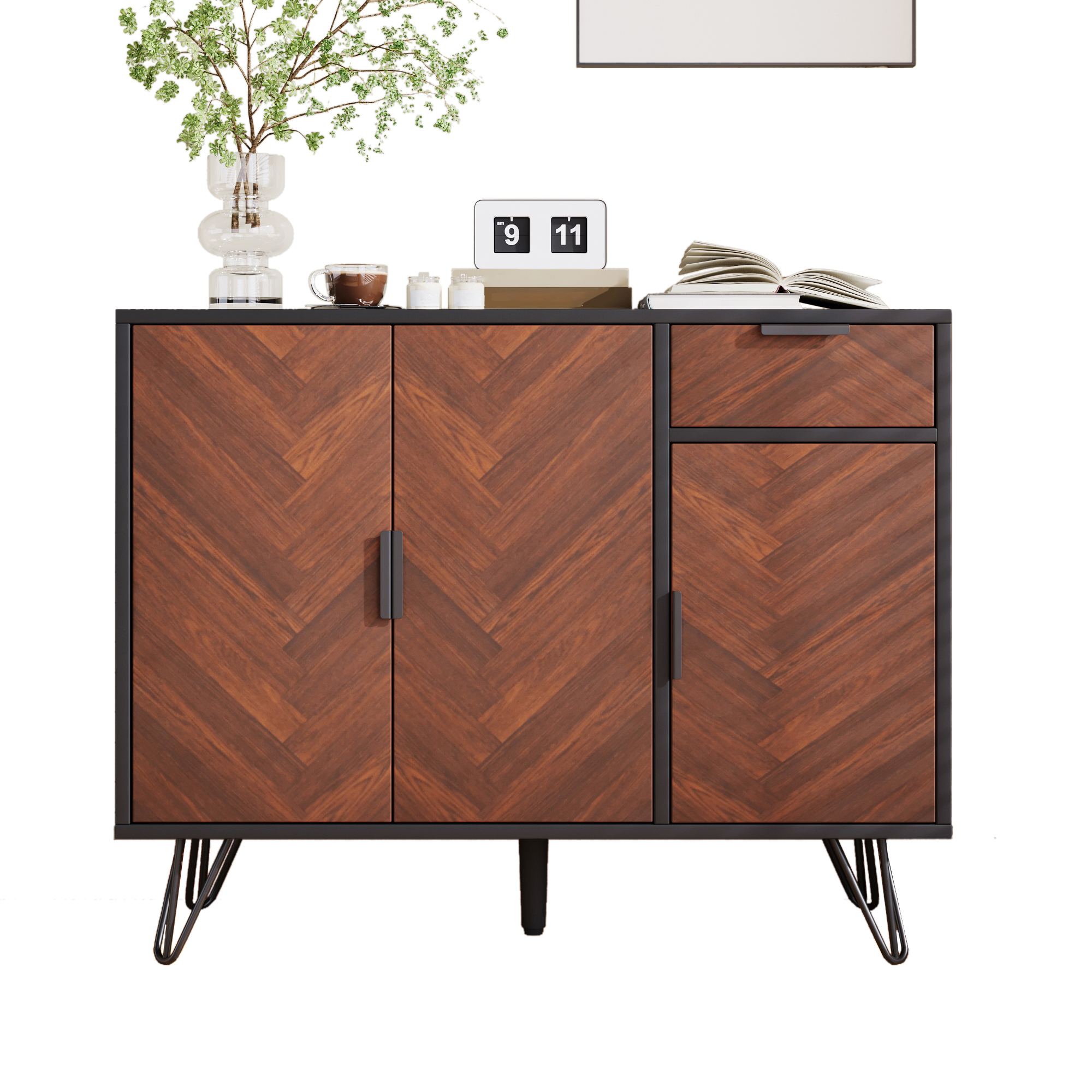 Modern Storage Cabinet, Sideboard In Black And Wood Look With Drawer And Height-adjustable Shelves  90 X 30 X 71.5 Cm
