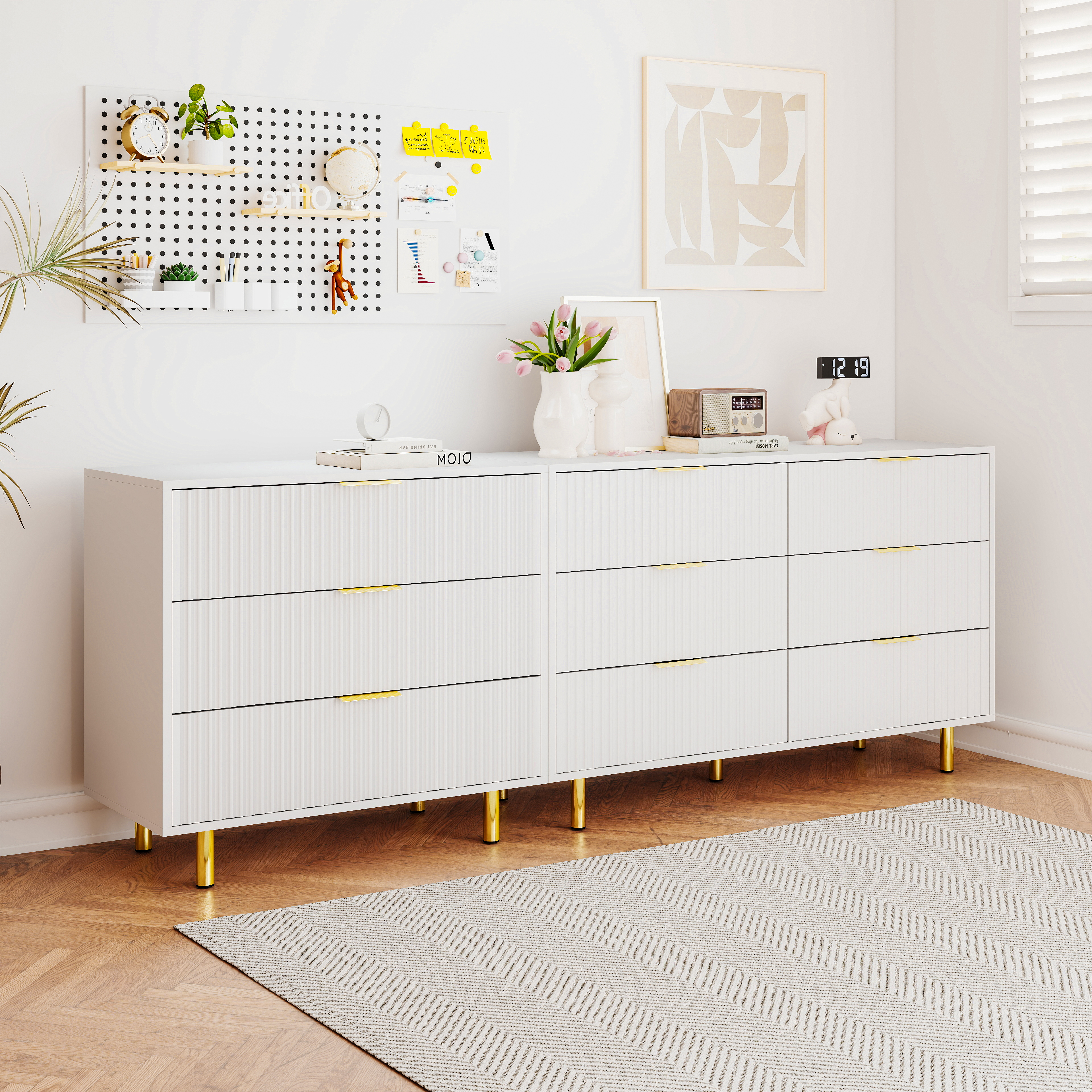 Modular Drawer Unit With 9 Drawers,Sideboard Set With Modern Design,Storage Cabinet,White And Gold-H72 W200 D40 Cm