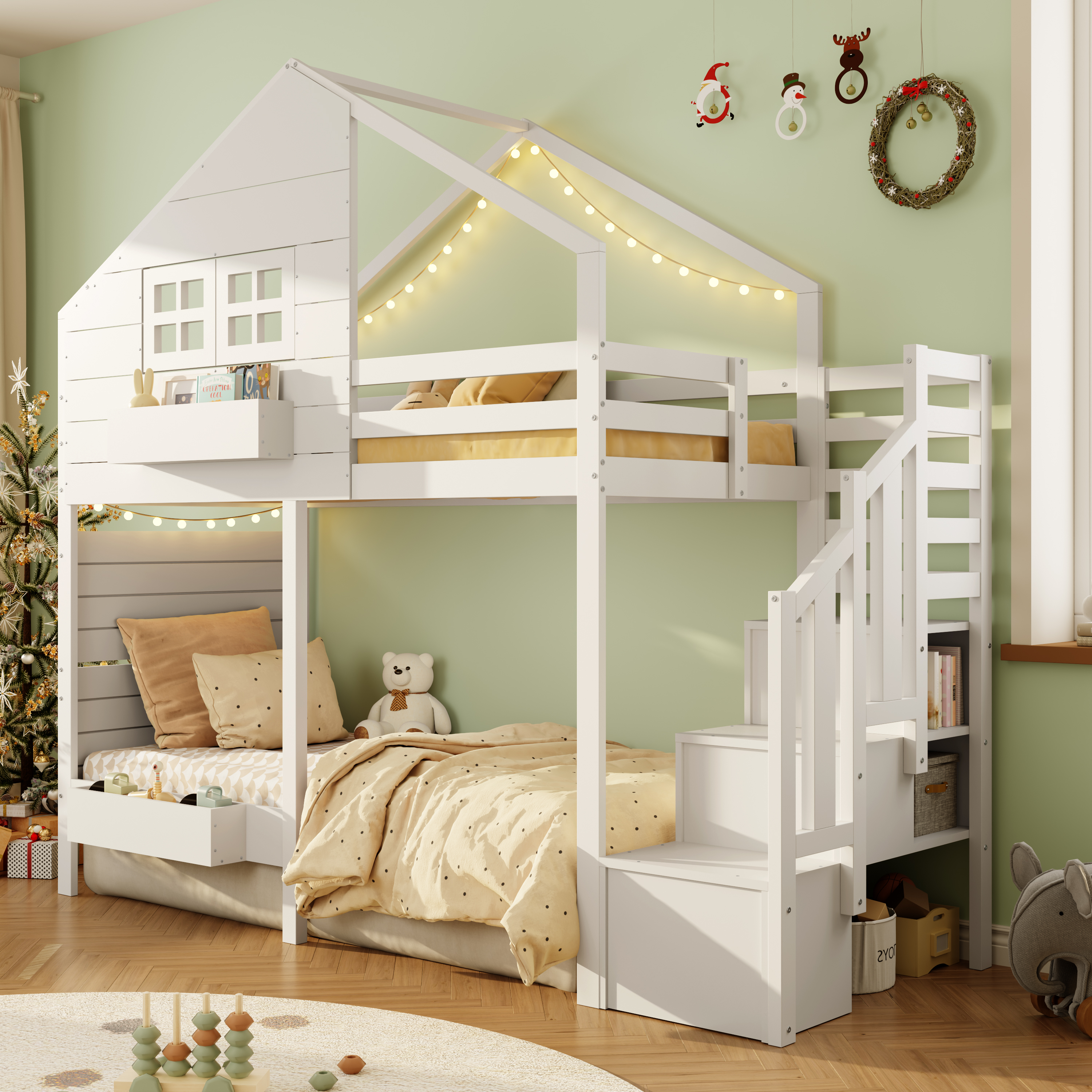 Bunk Bed, Loft Bed, Cot 90x200cm With Fall Protection And Storage Stairs, Youth Bed, With Window, Solid Wood, White