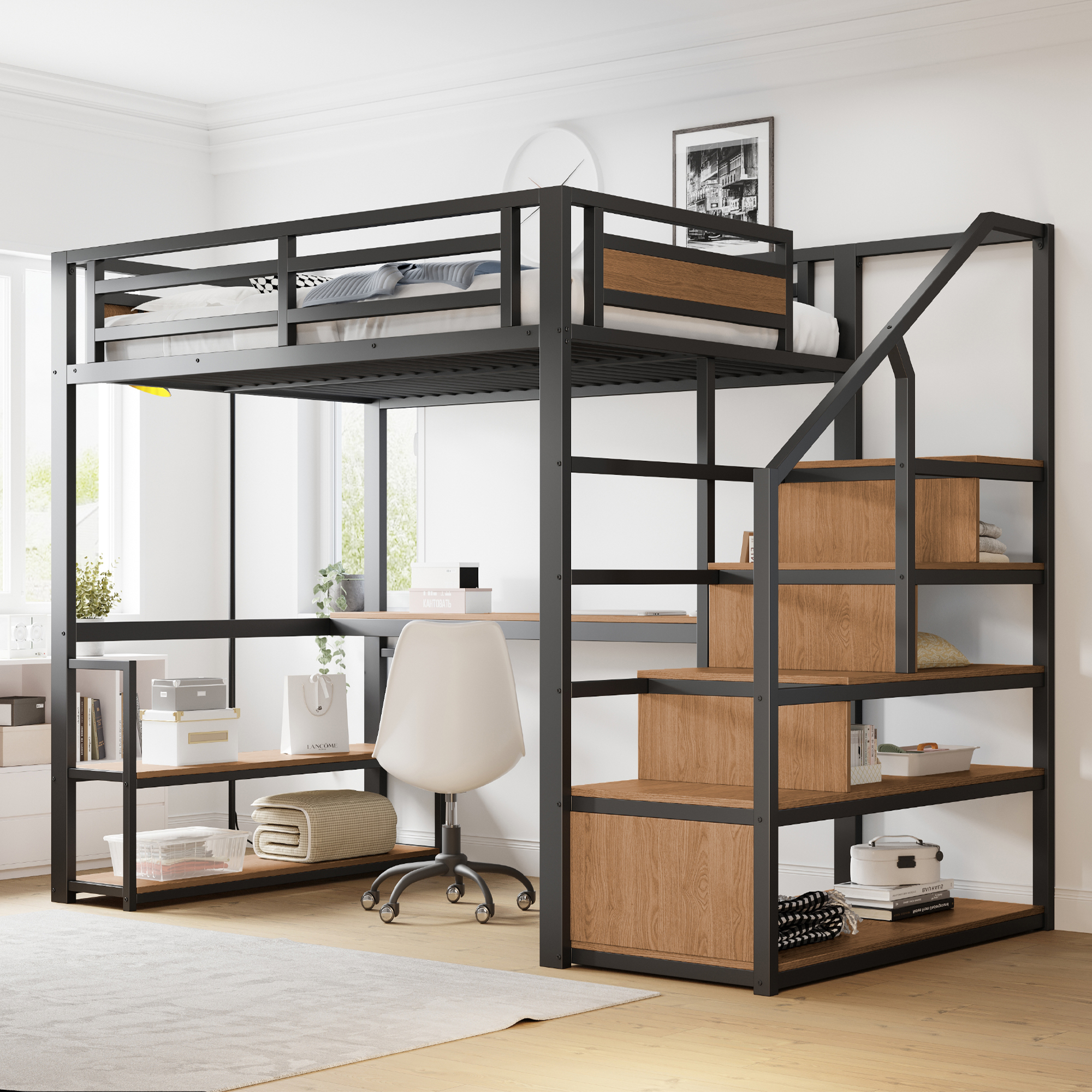 140x200 Metal Loft Bed With Storage Ladder With Shelves And Table, Security Fence Design With Spliced Metal Planks, High Iron Frame Bed With Metal Frame For Stable Support, Black
