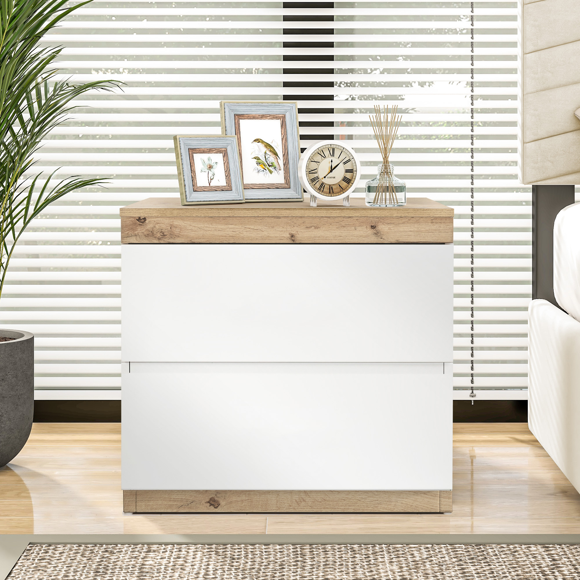 Bedside Table, Bedside Cabinet With Two Drawers, Bedside Dresser, Function Of Storage, For Bedroom, E1 Chipboard, White Oak OLD SKU WF302107AAA