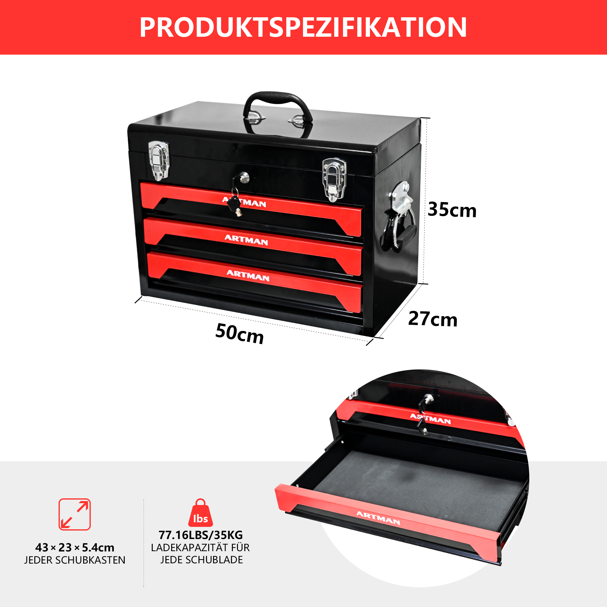 20in Portable Three-Tier Steel Tool Tools With Metal Locks Instead Of Tools.-Black & Red BLACK&RED