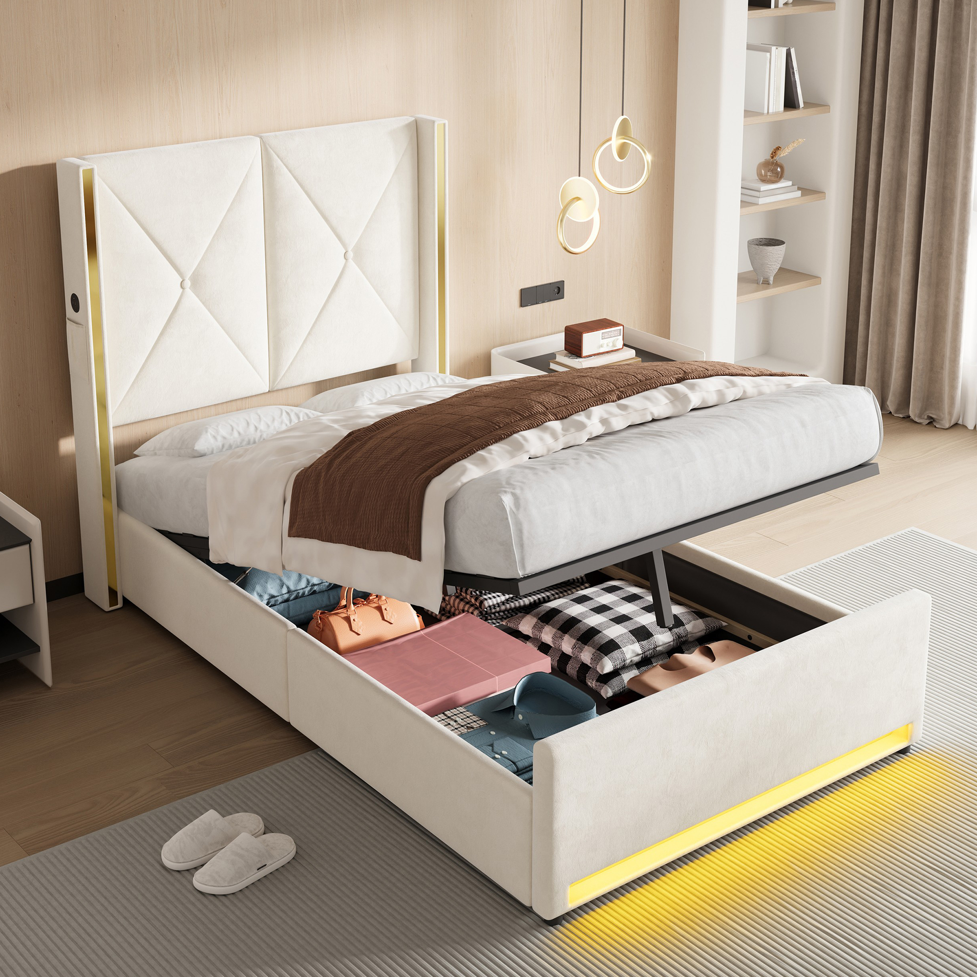 Velour Bed With High, Softly Padded And Quilted Headboard, Side Pockets, USB & LED, Hydraulic Lever System & Large Underbed Storage Space  Combines Design, Comfort And Practicality.90x200cm