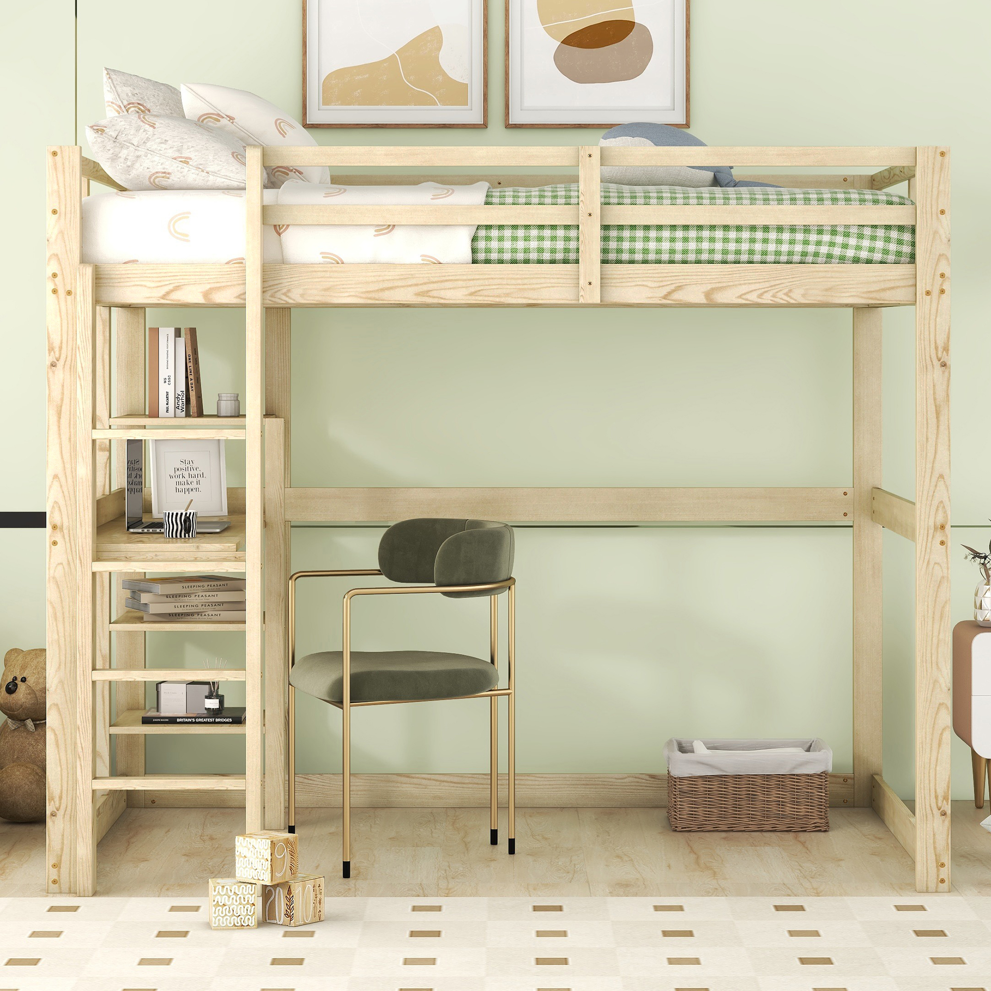 Kinderbett High Bed Bed Frame With Storage, Complete In Pine, With 4 Storage Compartments And A Writing Surface, Natural, 140 X 200 Cm