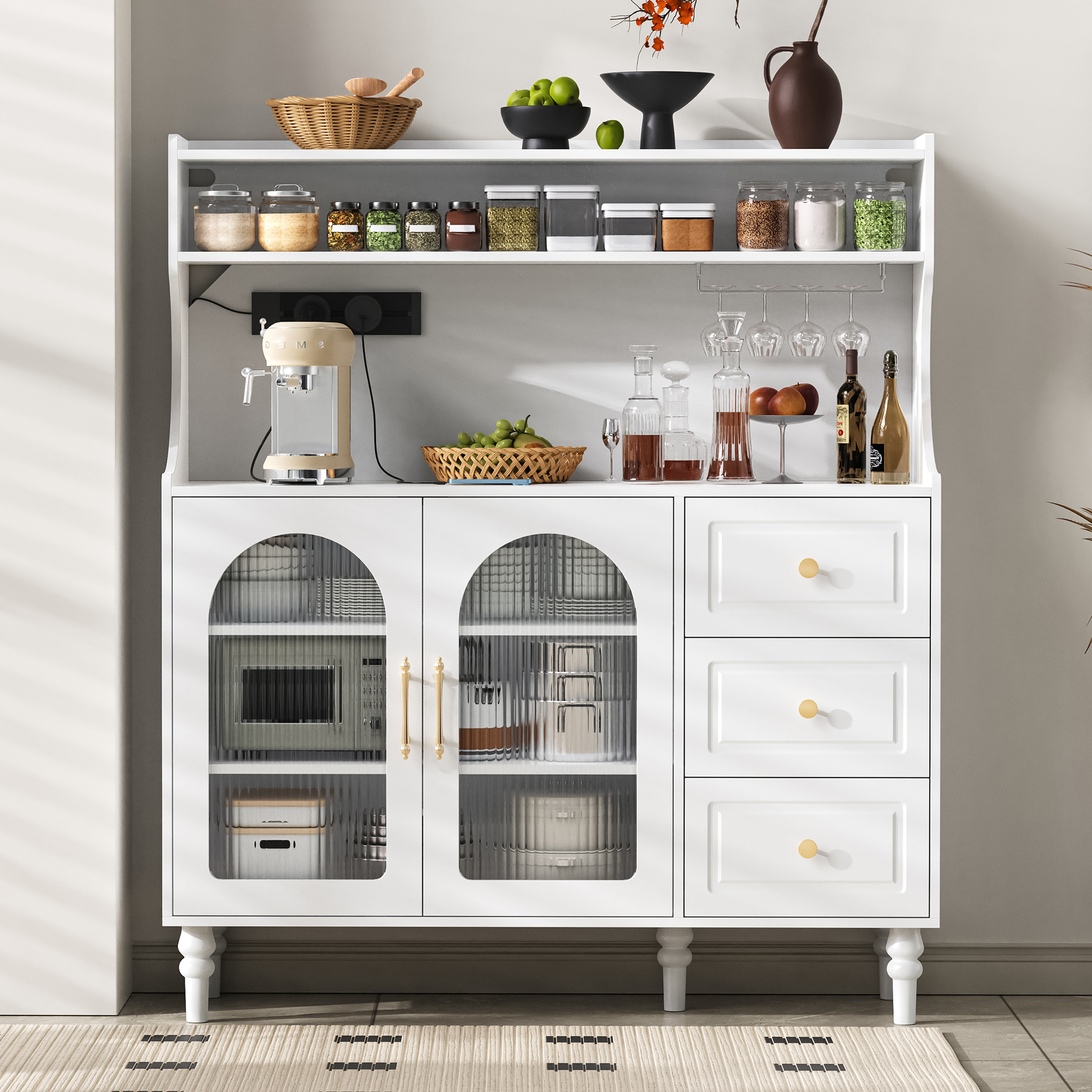 Tall Cabinet With Sockets And Drawers, Bar Cabinet With Wine Glass Holders And Storage Space, Kitchen Buffet Cabinet With Adjustable Layered Shelves, Ideal For Kitchen And Dining Room  White