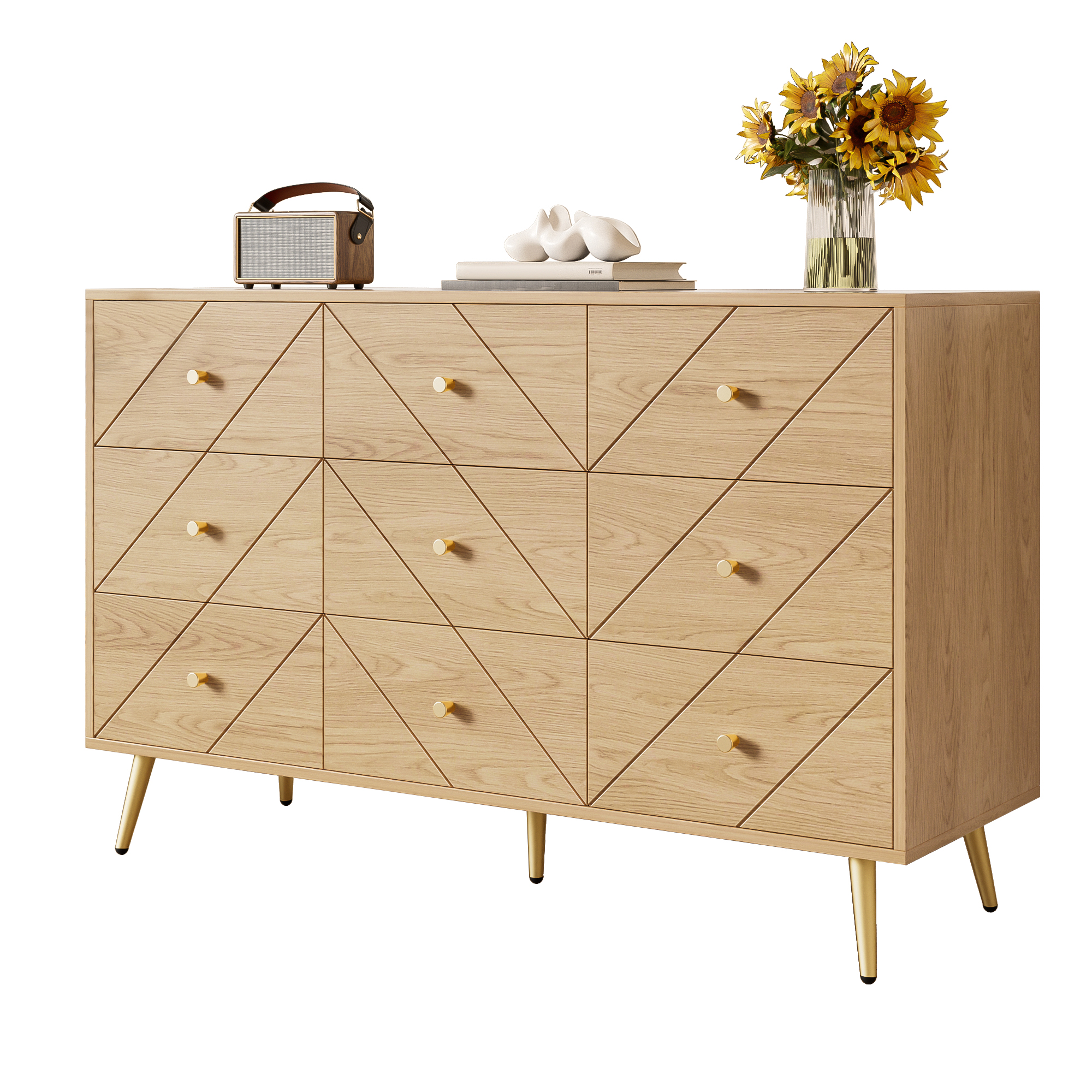 Modern 9-Drawer Chest Of Drawers With Iron Legs  Stylish Storage Solution For Bedroom, Living Room And Hallway  Sturdy PB Construction With Elegant Geometric Patterns And Practical Knobs
