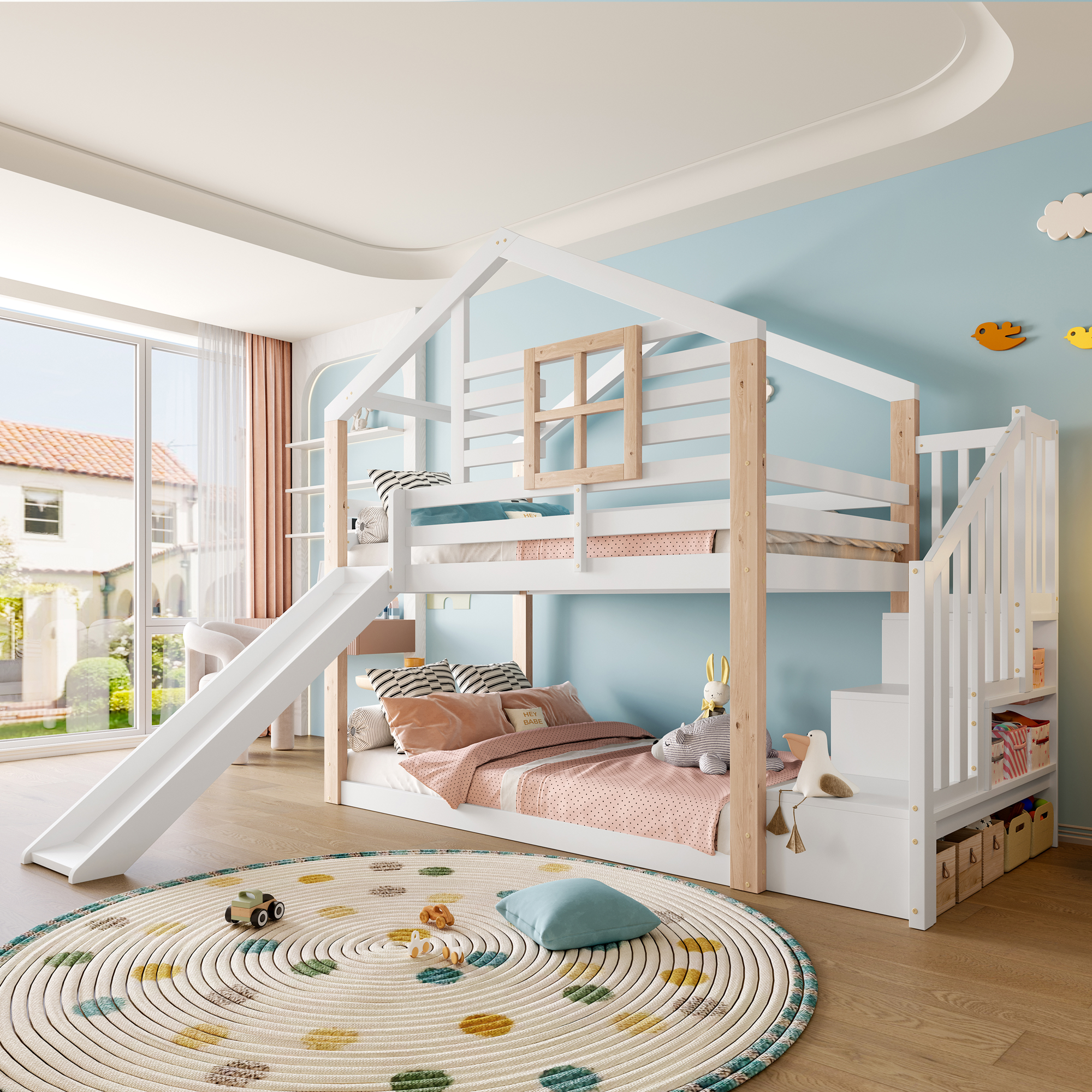 Children's Bunk Bed With Slide And Stairs In Scandinavian Style, Solid Wood Construction, Stable & Safe, With Railing & Storage Space, Space-saving, Ideal For Siblings, EN 747-1 2024 Certified