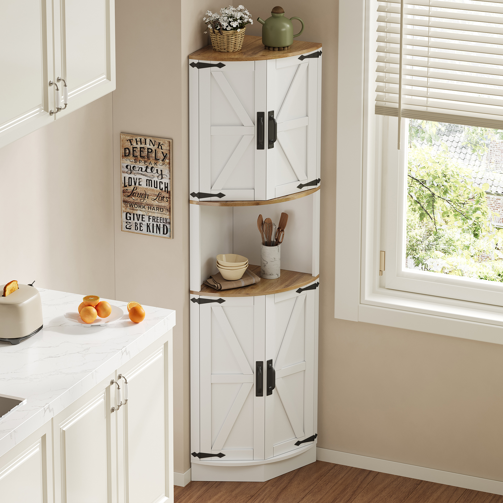 39.5X39.5X180cm, Corner Cabinet, 5 Storage Compartments, Vintage Kitchen Cabinet, White Wood Look, Rustic Style, Space-saving Corner Furniture Piece, 