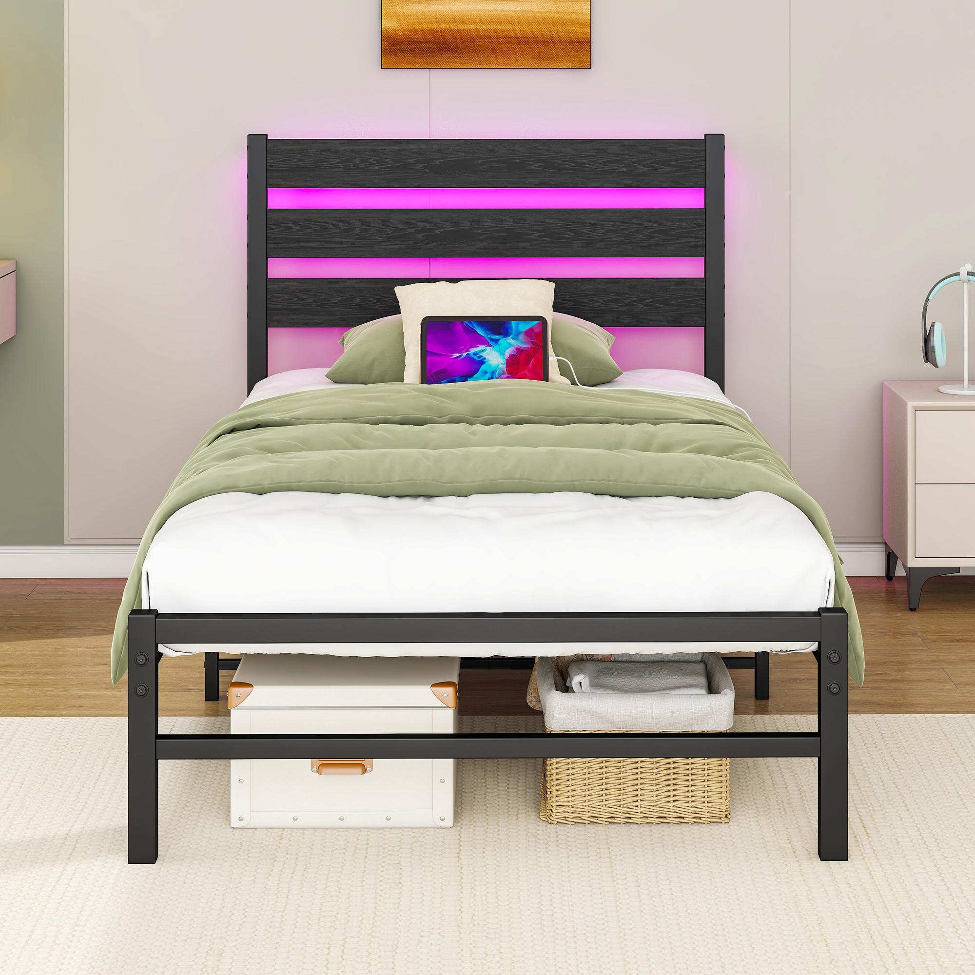 Cadre de lit 90 x 200 cm avec poupée fixe, station de charge USB en métal, LED