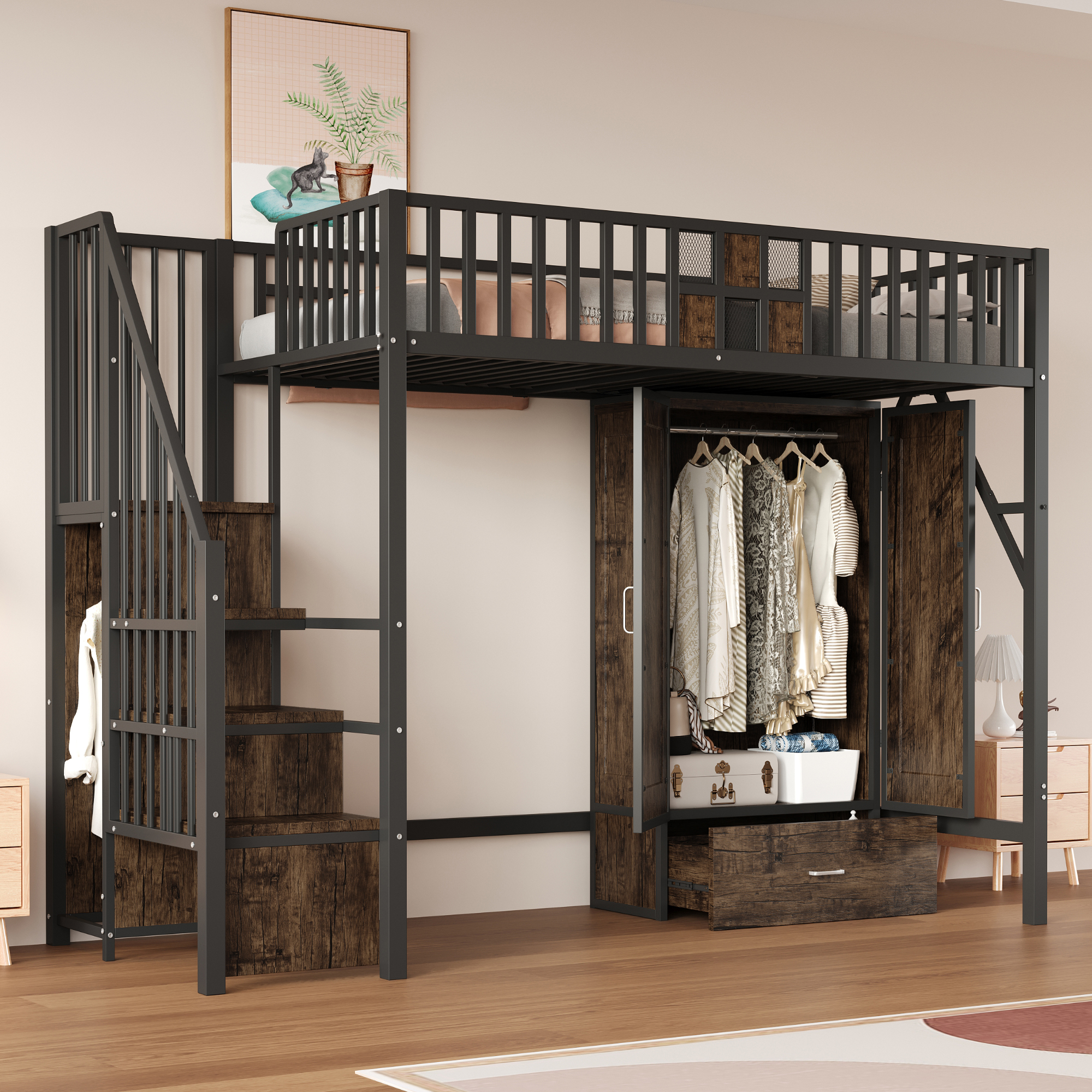 Metal Loft Bed 90 X200 Cm With Striking Railing Design Made Of Wood And Metal Mesh, Complete With Large Wardrobe, Drawers And Storage Ladder, Black