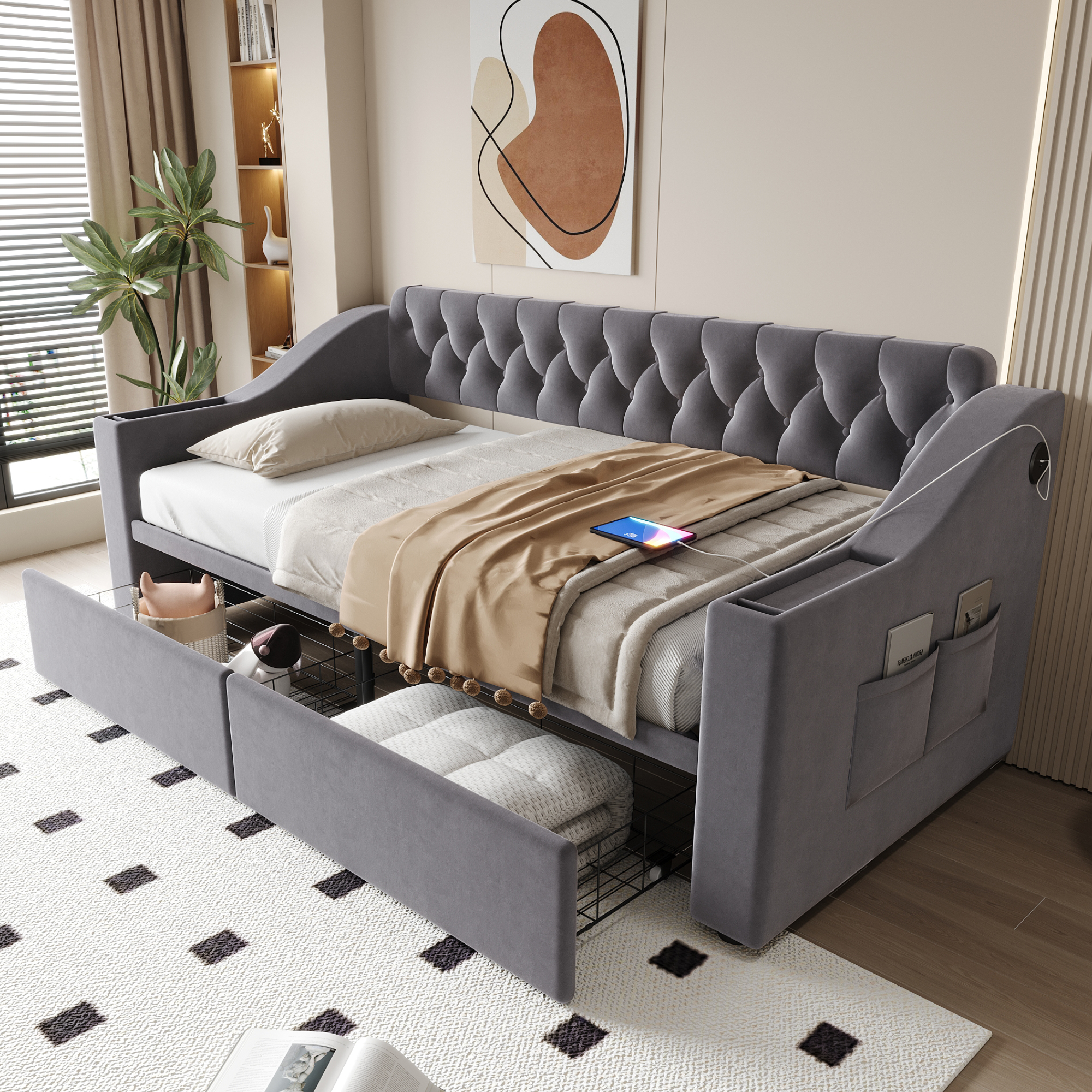 Upholstered Bed Sofa Bed 90x190 Cm, Wider And Thicker Armrests With USB Charging Port, Integrated Shelf In The Armrests, With Storage Pockets, With Storage Drawer, Velvet Fabric, Dark Grey