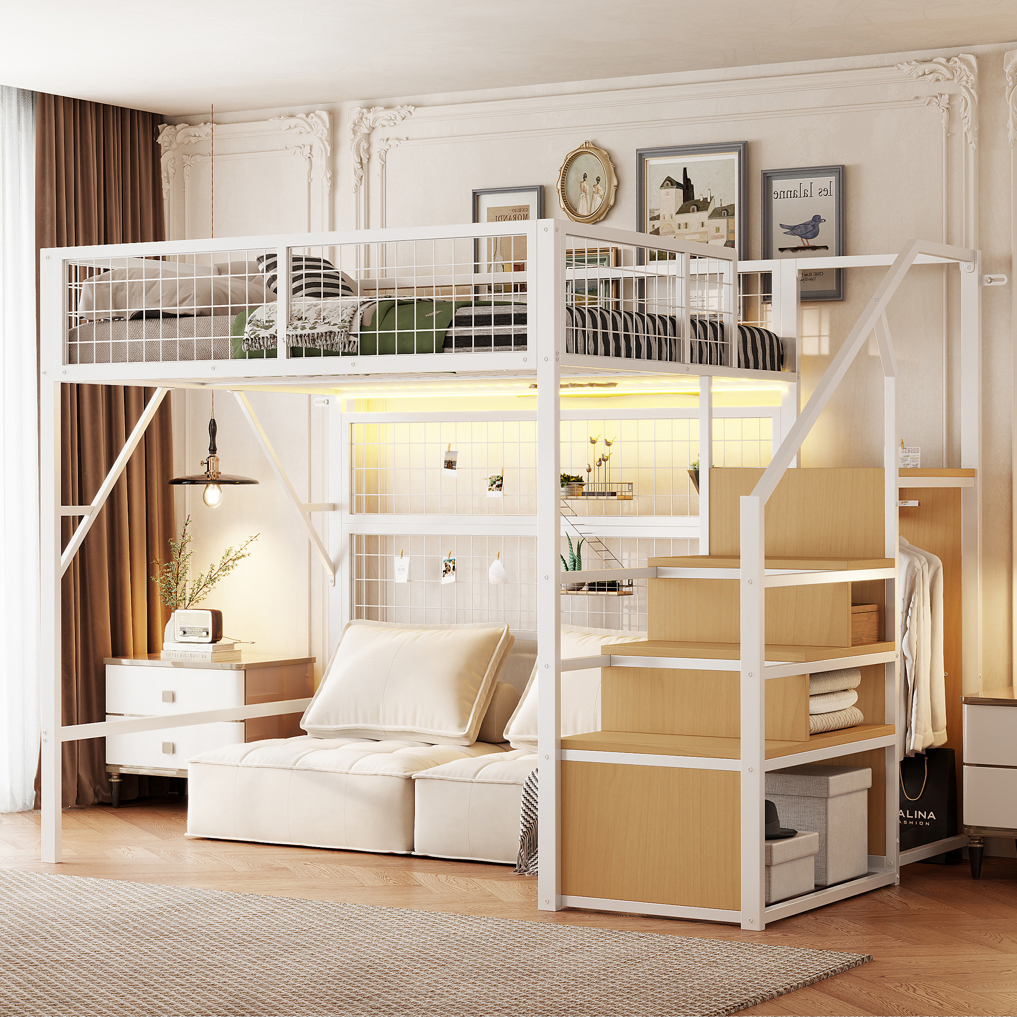 Iron Bed, Bunk Bed, Loft Bed 140x200, Suitable For Children And Teenagers Versatile, Metal Loft Bed With APP-controlled LED Light Strips Stairs With Storage, Open Wardrobe White