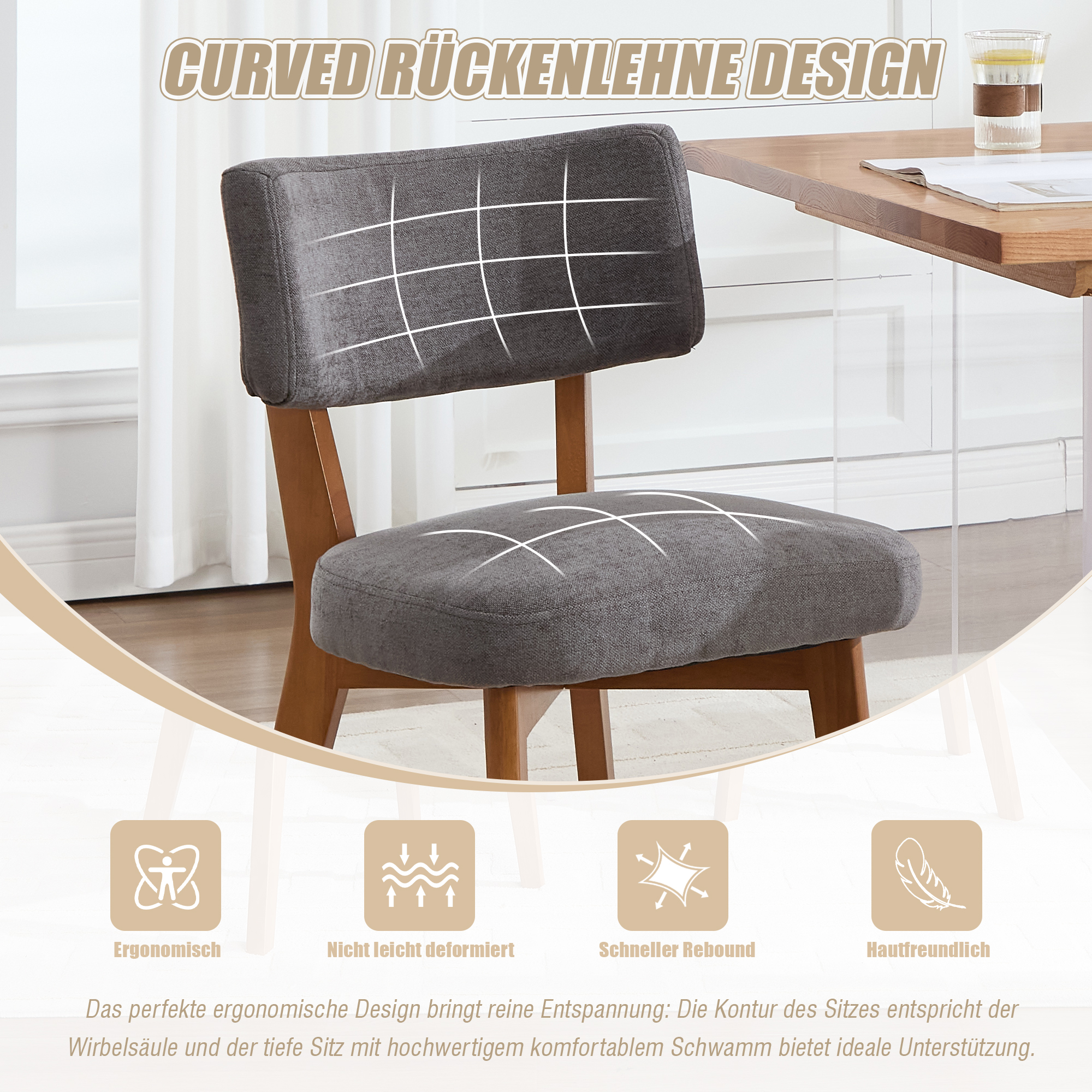 Modern Mid-Century Style Dining Chair Set Of 2, Solid Wood Legs Fabric Upholstered Seat For Kitchen, Dining Room Or Office Gray Linen Fabric 2