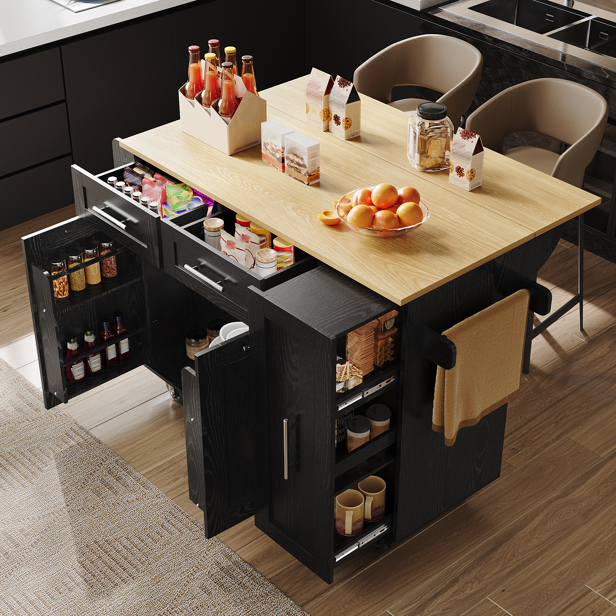 Modern Kitchen Island, Kitchen Cabinet, Buffet Cabinet, Wood-Grain Dining Cart, Multifunctional Dining Table With Storage Space, Dining Cart With Snack Shelves And Stretch Function Cabinets, Black