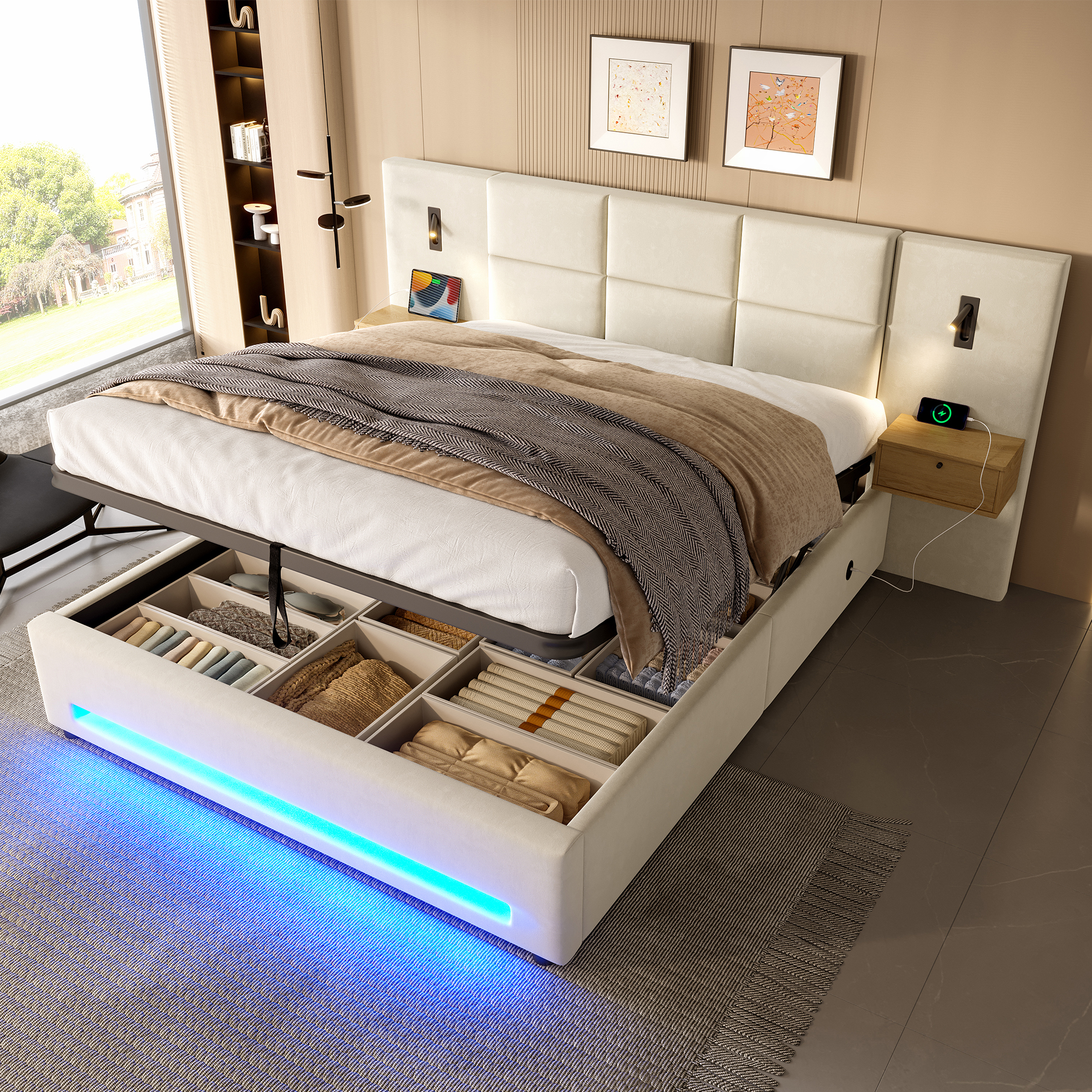 180X200cm European Upholstered Bed With Velvet Headboard, Practical Storage Drawers, LED Night Light, USB-C Ports, Hydraulic Underbed Storage And Robust Metal Frame  200 Kg Load Capacity .