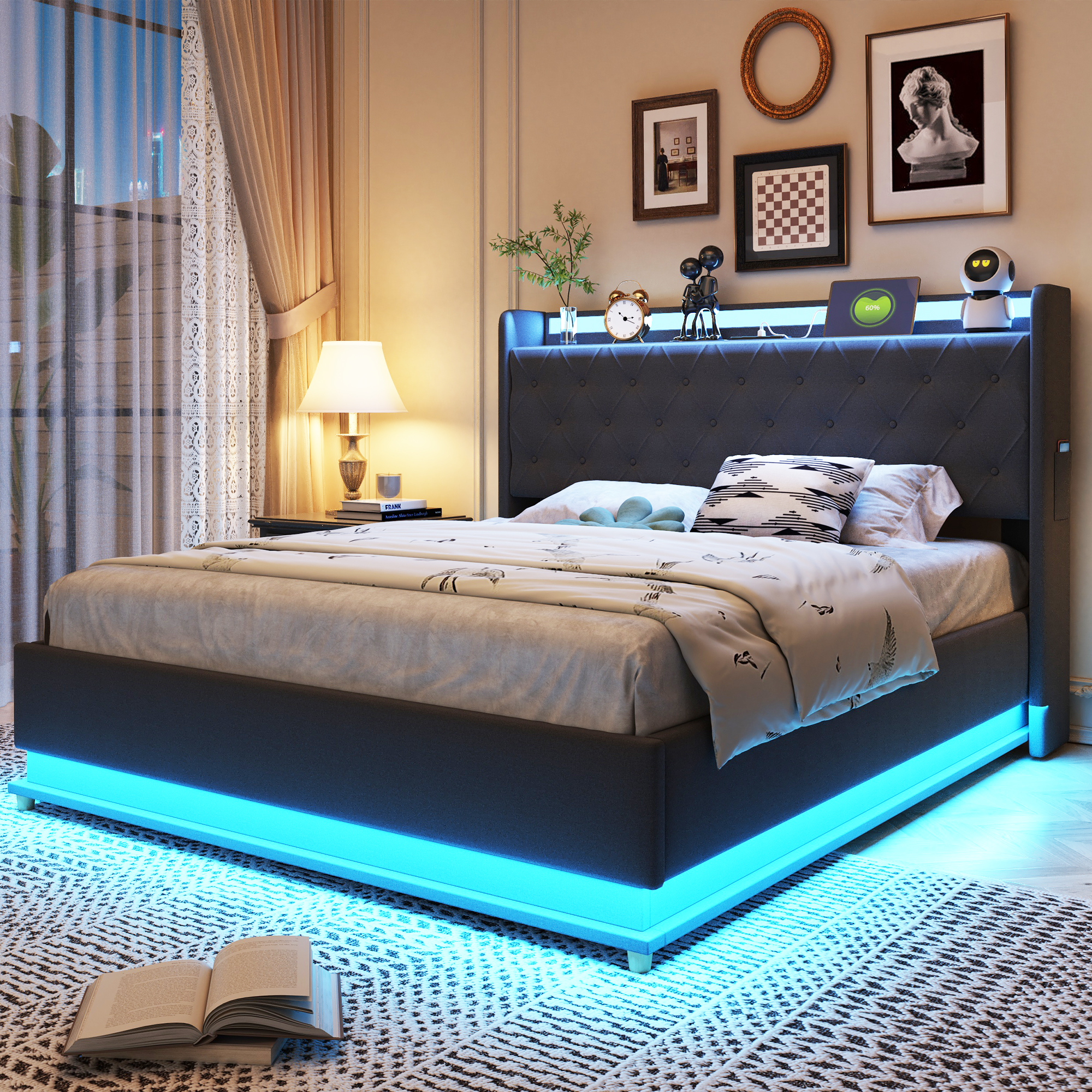 LED Upholstered Bed 140x200 Cm With USB Charging Port And Hydraulic Storage, Skin-friendly Linen Fabric Grey