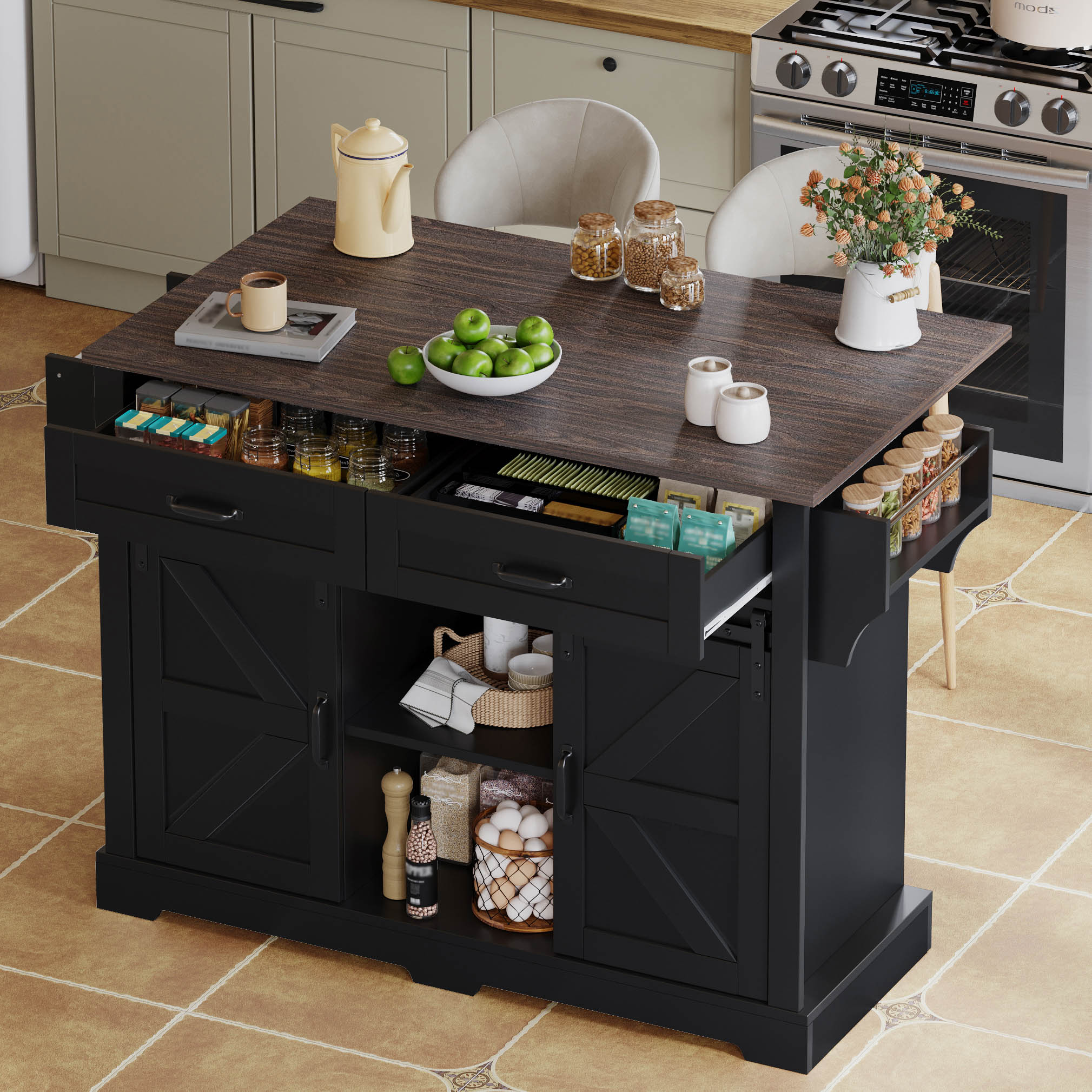 Kitchen Island With Folding Worktop, Kitchen Trolley On Wheels, Kitchen Cabinet With 2 Sliding Doors And 2 Drawers, Barn Style, Black, Kitchen Storage Cabinet, 120X45X91 Cm