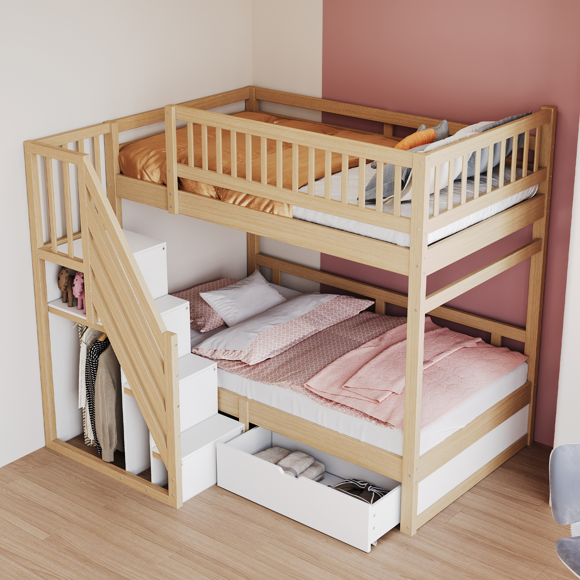 Bunk Bed Made Of Solid Wood 90x200 Cm, With High Safety Rail, With Slatted Frame, Safety Ladder With Storage Space, With Storage Drawers, Cot Youth Bed, Wood Colour