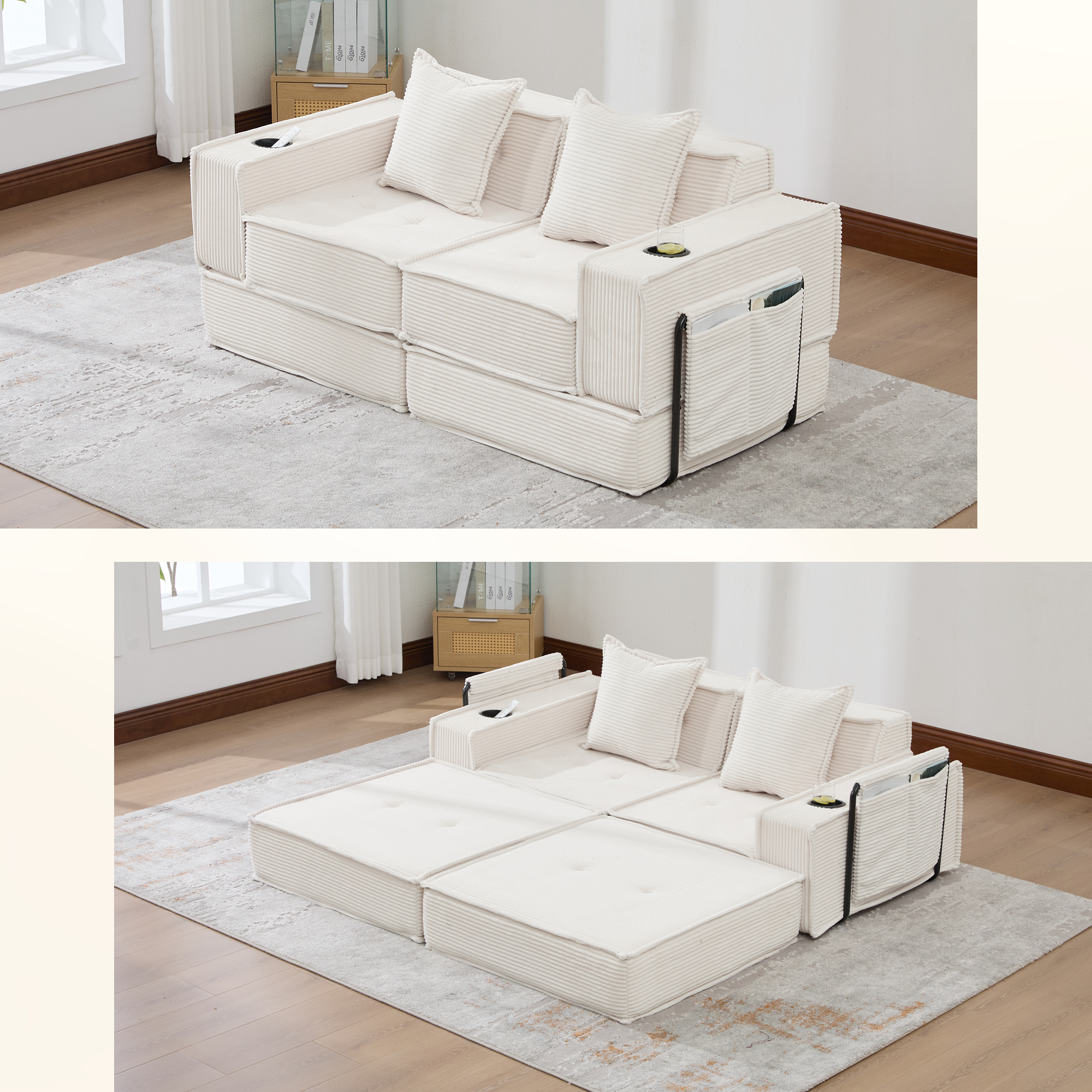 Modern Double Sofa Bed With A Comfortable Two-seater Fabric Sofa With Two Cushions. A Stylish Decorative Footstool With Side Storage And Cup Holders, Ideal For Reading Corners, Playrooms And