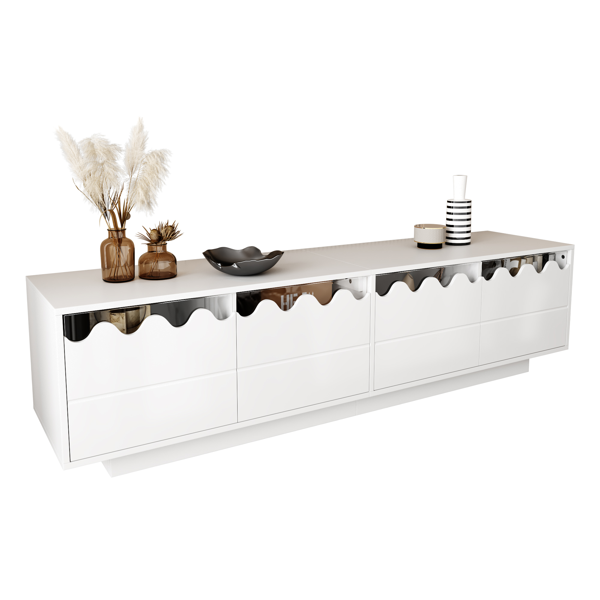 Modern TV Cabinet With 4 Doors And Wave Design  Stylish Storage Solution For Living Room, Entertainment Center And TV Stand, 170x40x45